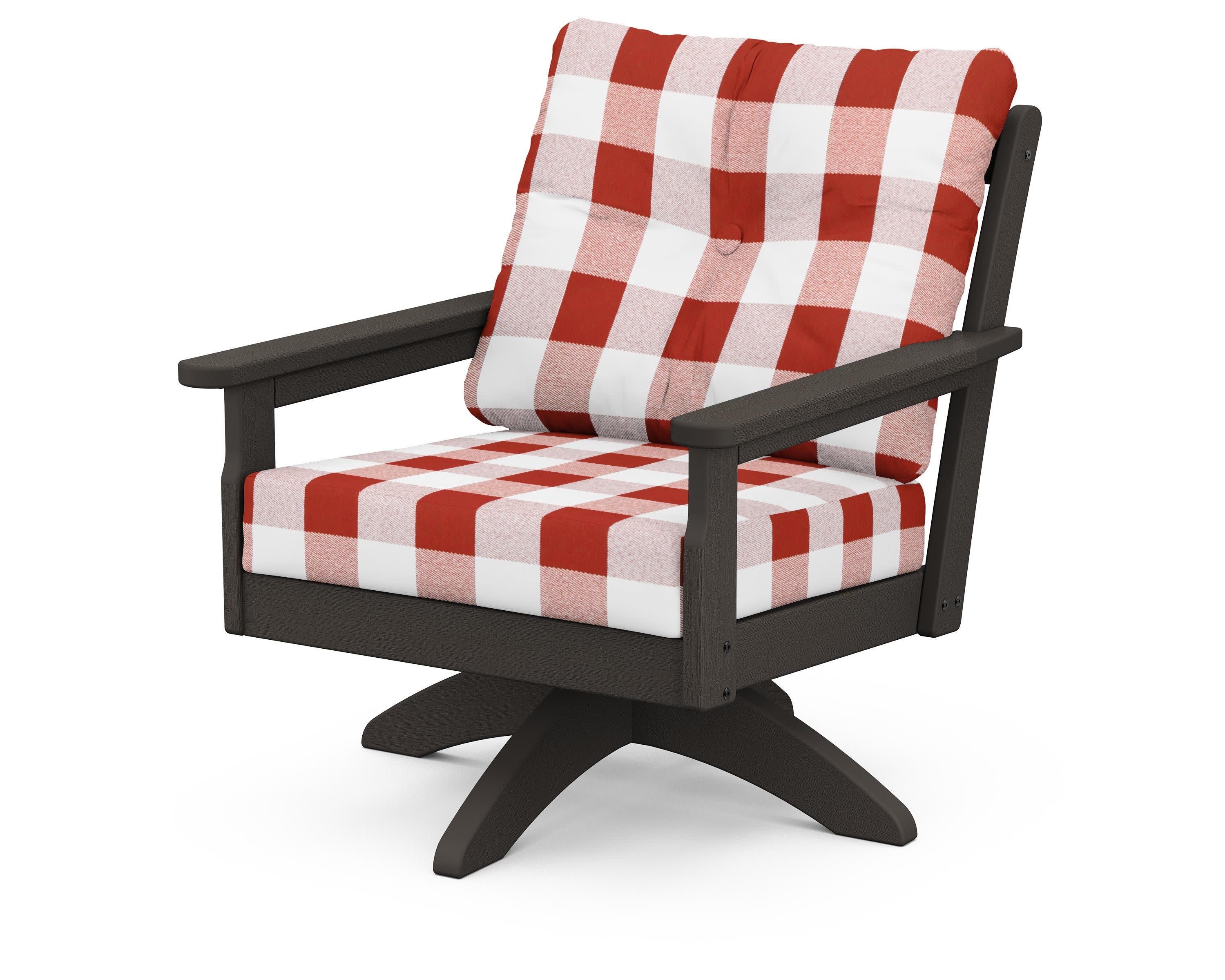 Vineyard Deep Seating Swivel Chair in Vintage Coffee / Buffalo Plaid Crimson