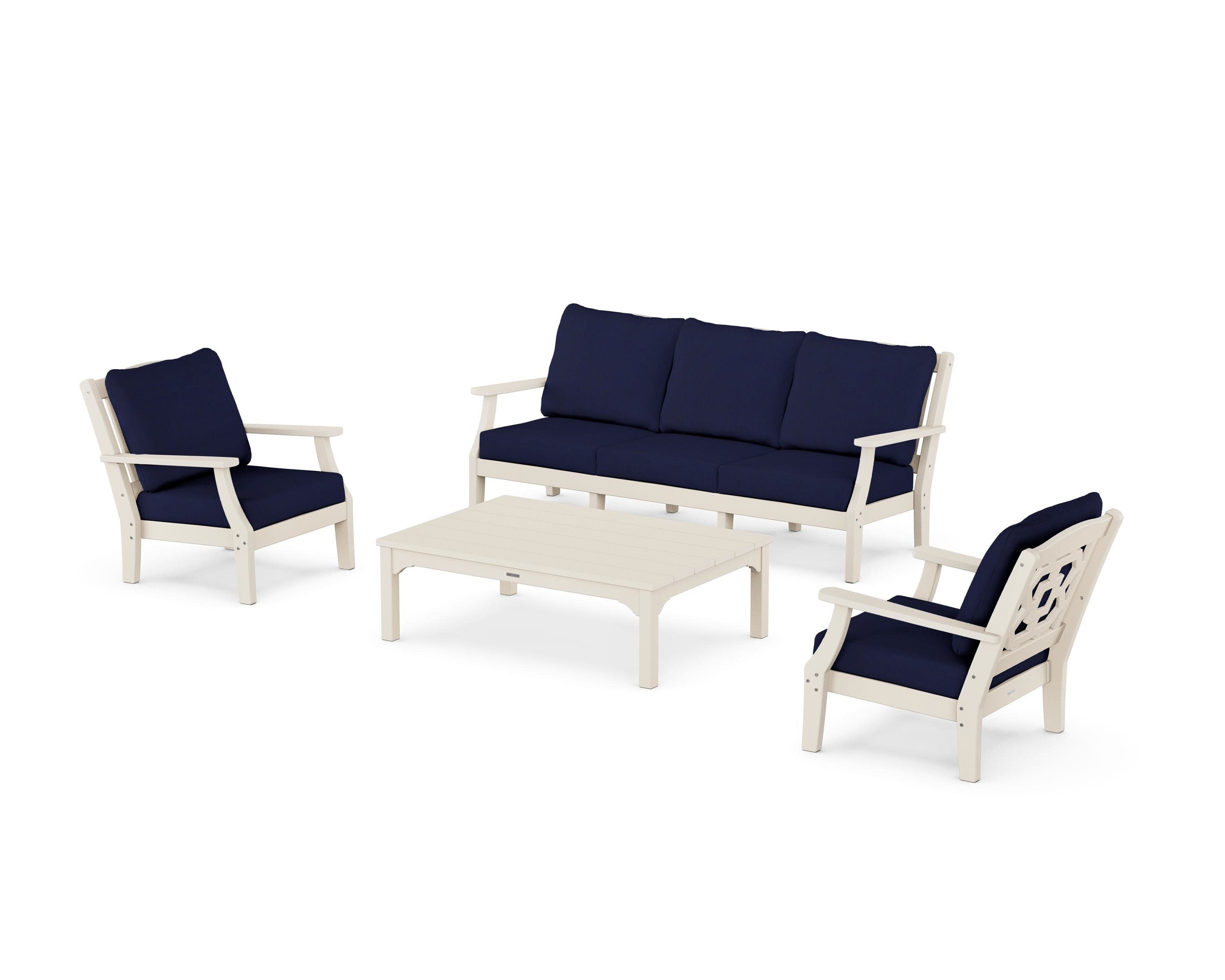 Chinoiserie 4-Piece Deep Seating Set with Sofa in Sand / Navy