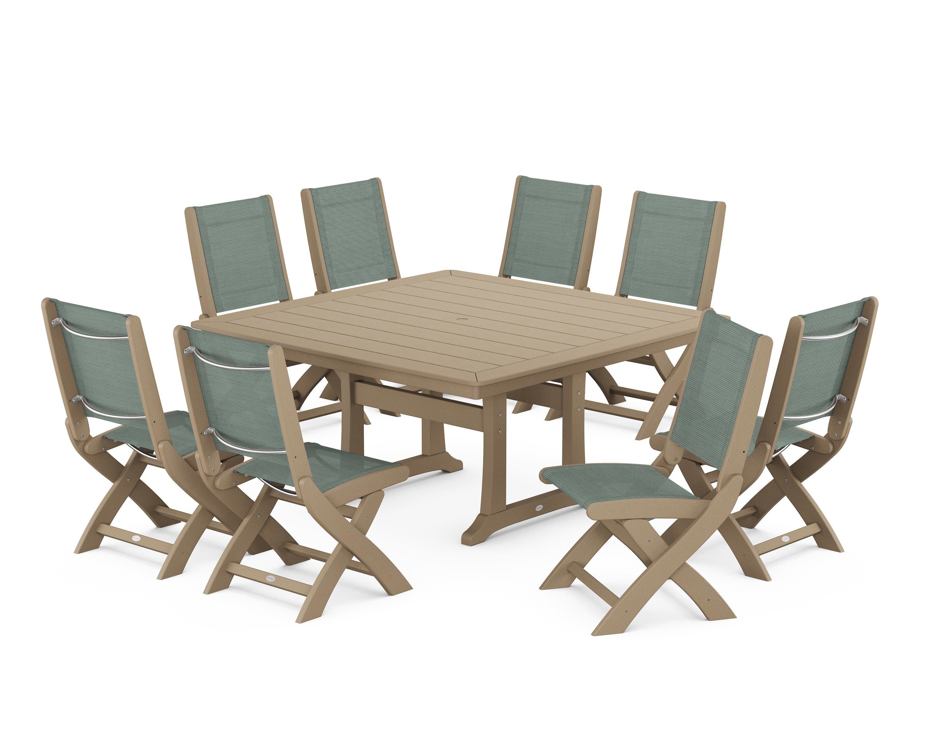 Coastal Folding Side Chair 9-Piece Dining Set with Trestle Legs in Vintage Sahara / Dupioni Sea Mist Sling