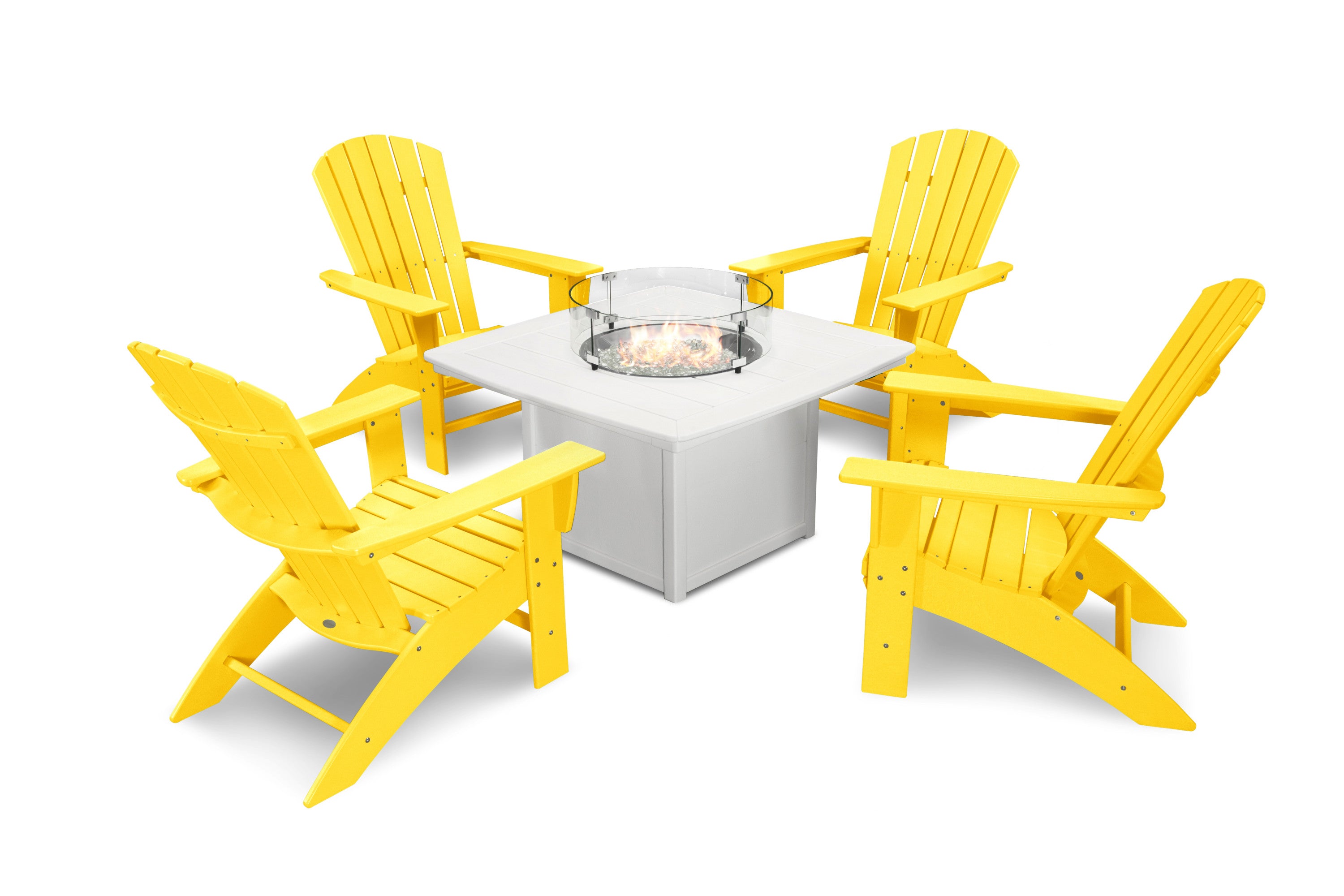 Nautical Curveback Adirondack 5-Piece Conversation Set with Fire Pit Table in Lemon / White