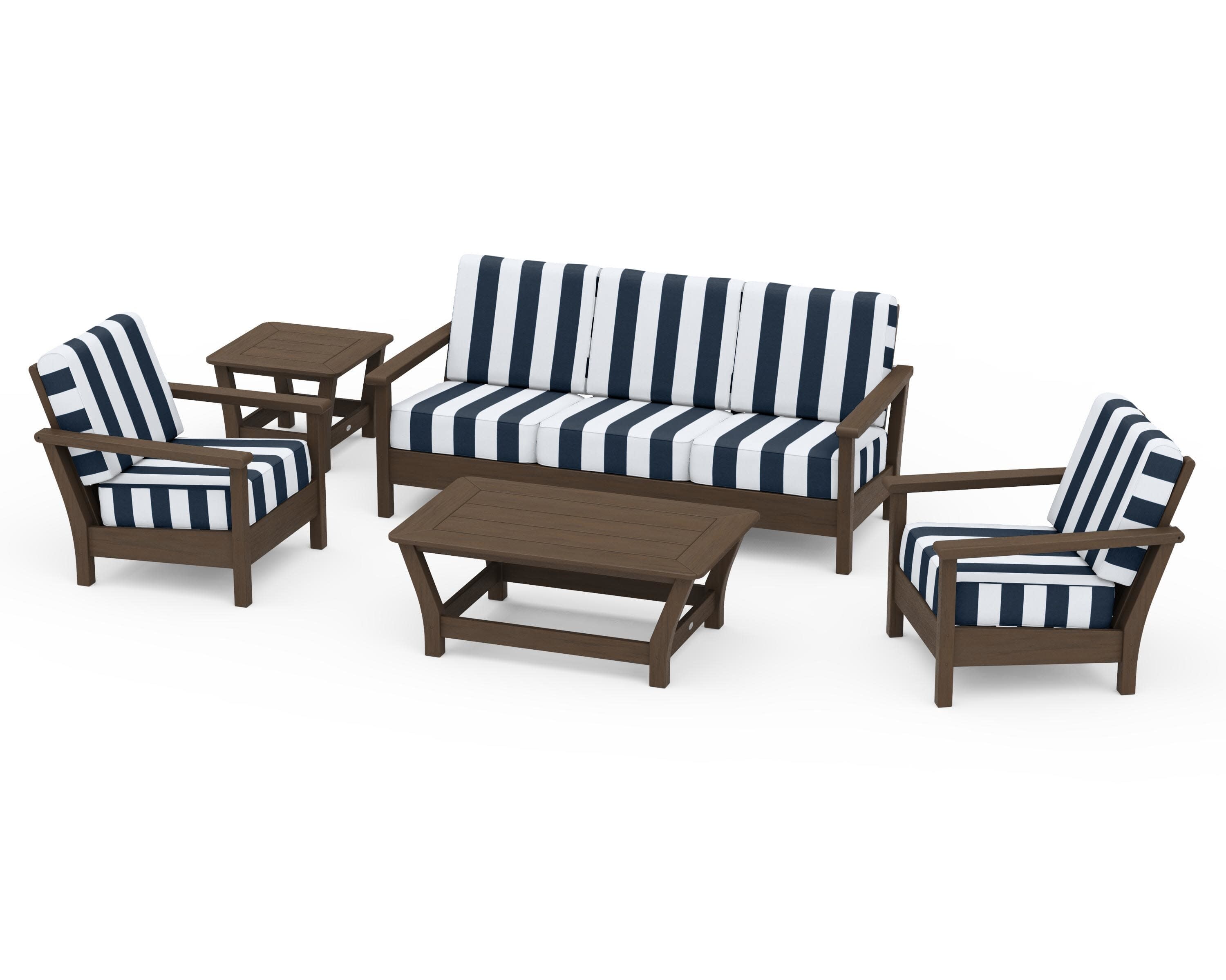 Harbour 5-Piece Deep Seating Set in Kona / Cabana Stripe Marine Indigo