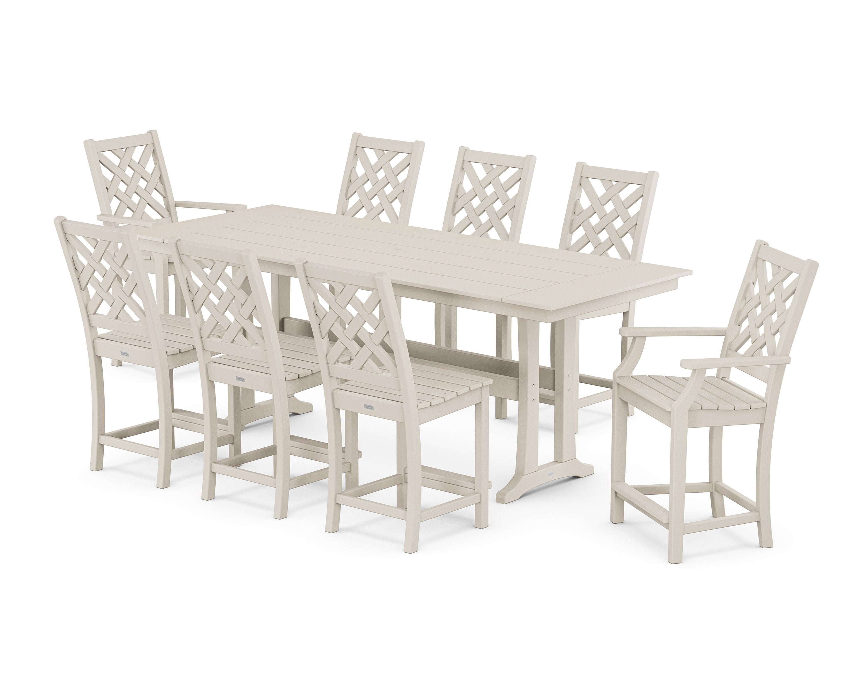Wovendale 9-Piece Farmhouse Counter Set with Trestle Legs in Sand