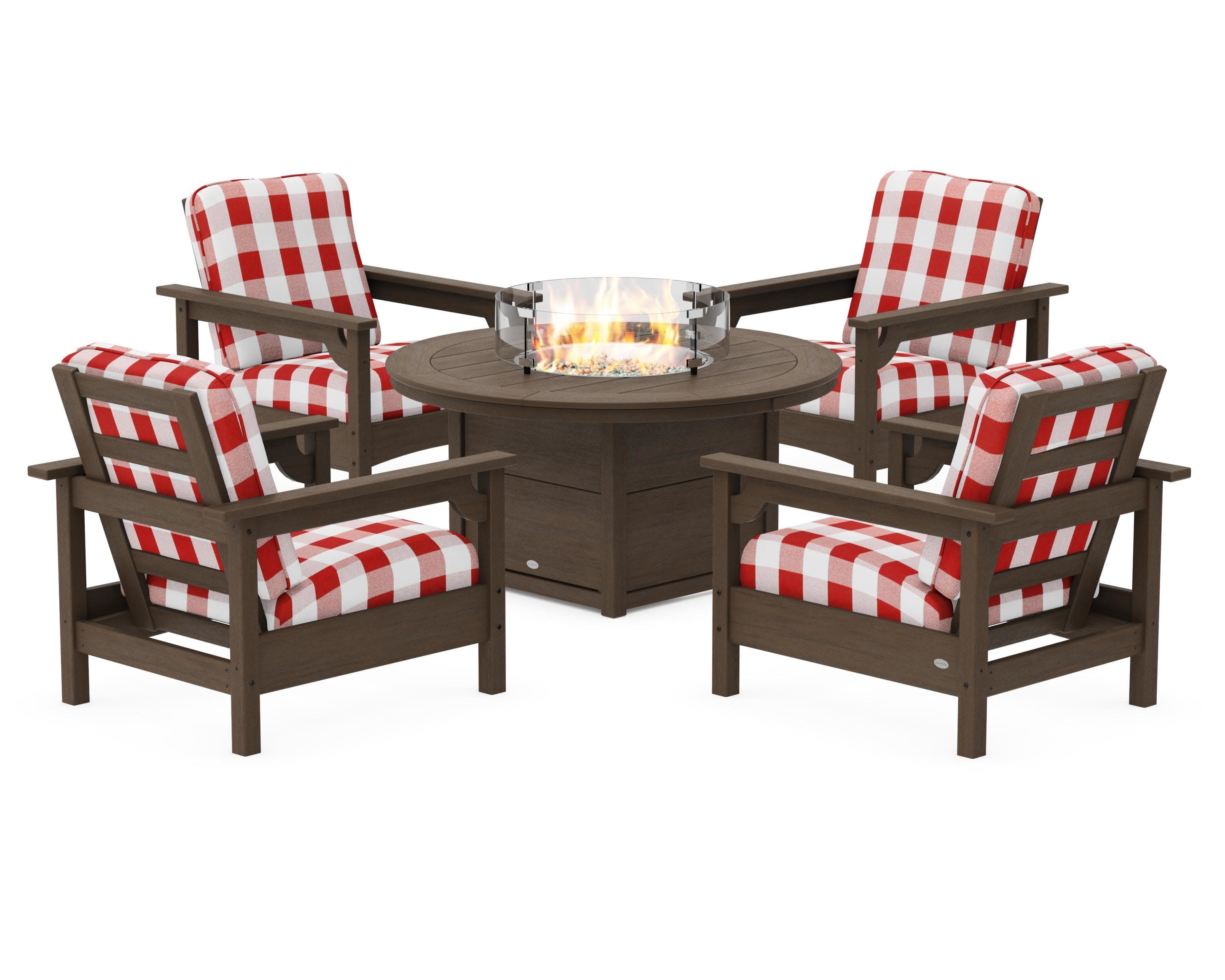 Club 5-Piece Conversation Set with Fire Pit Table in Kona / Buffalo Plaid Crimson