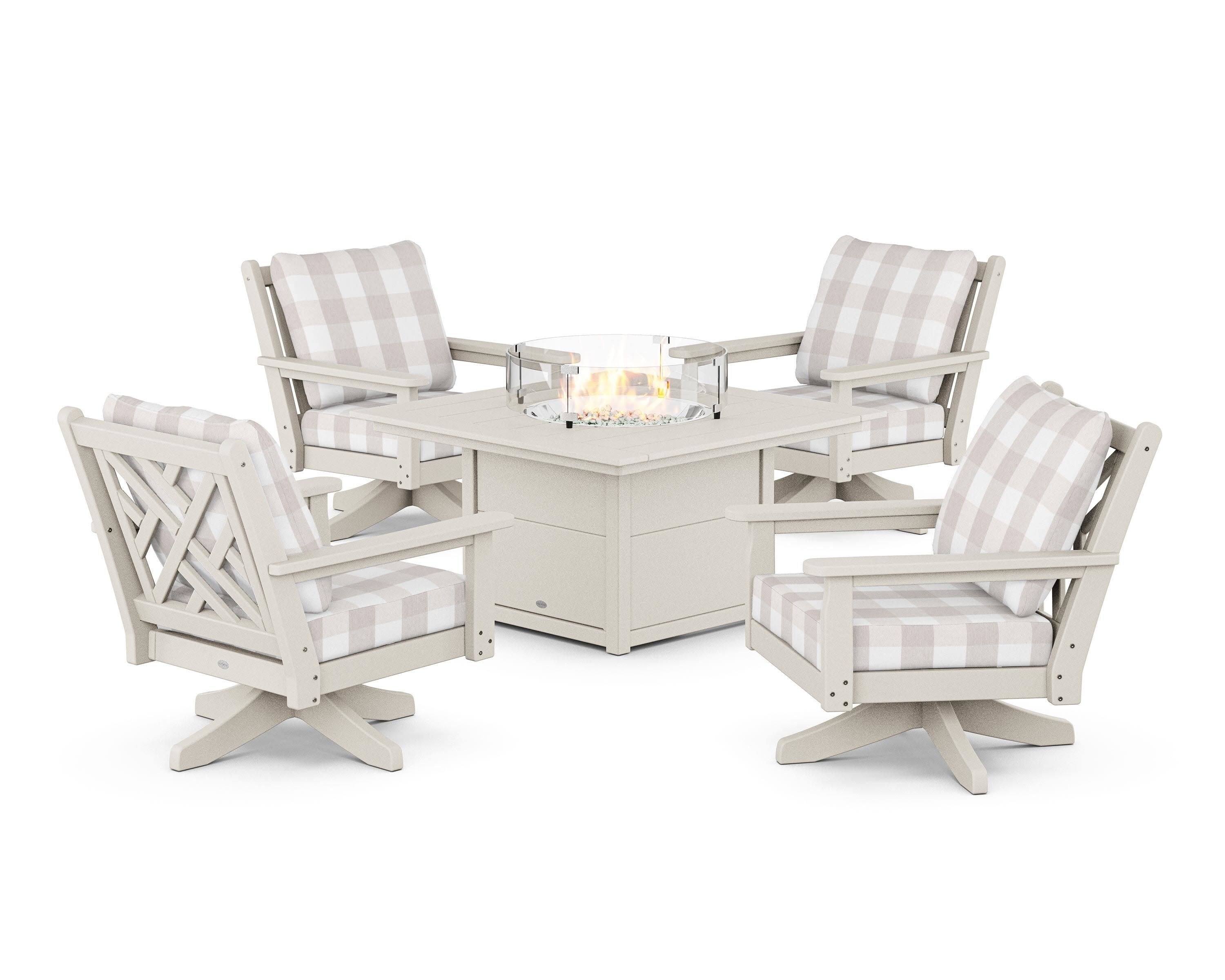 Chippendale 5-Piece Deep Seating Swivel Conversation Set with Fire Pit Table in Sand / Buffalo Plaid Dune Burlap