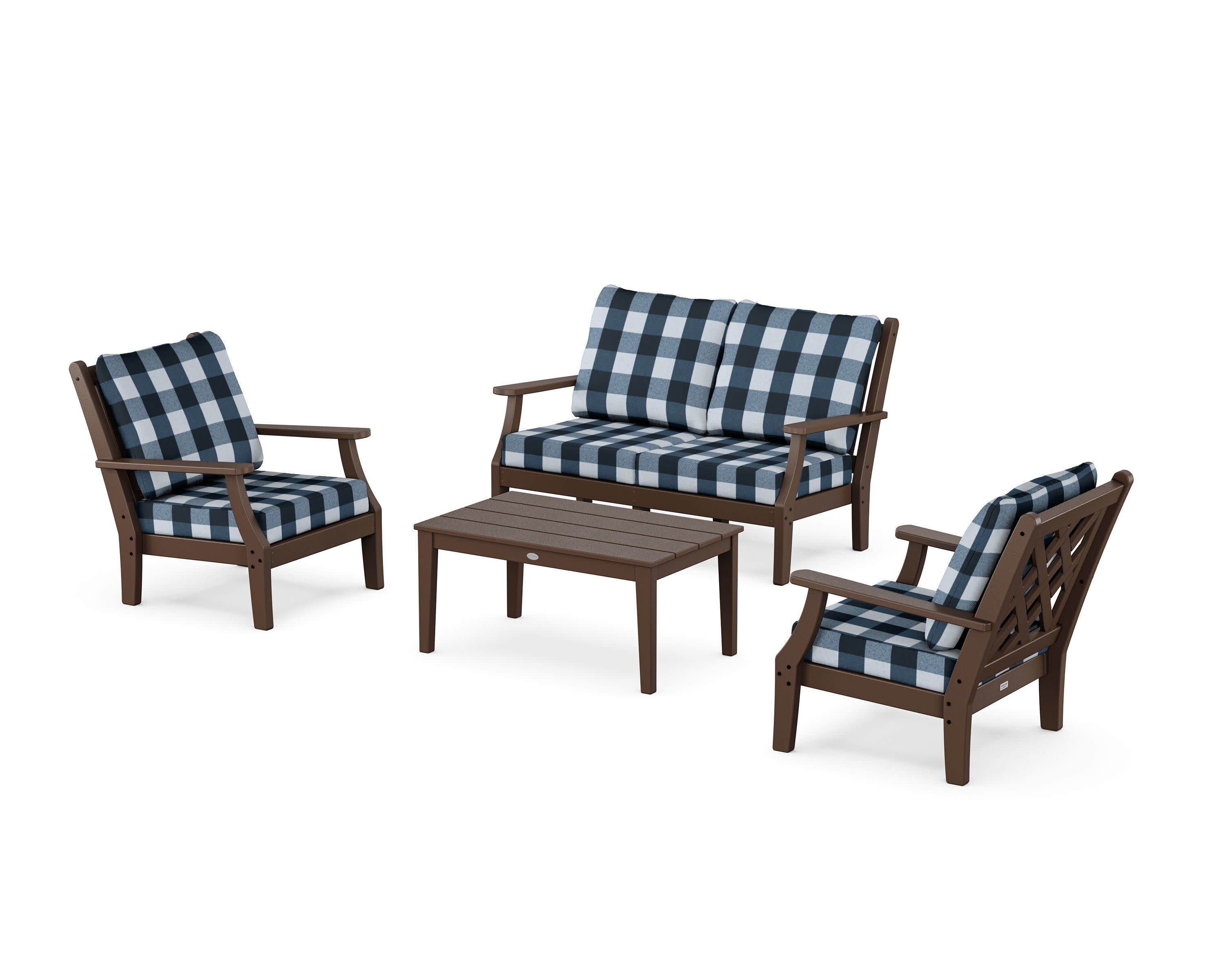 Wovendale 4-Piece Deep Seating Set with Loveseat in Mahogany / Buffalo Plaid Marine Indigo
