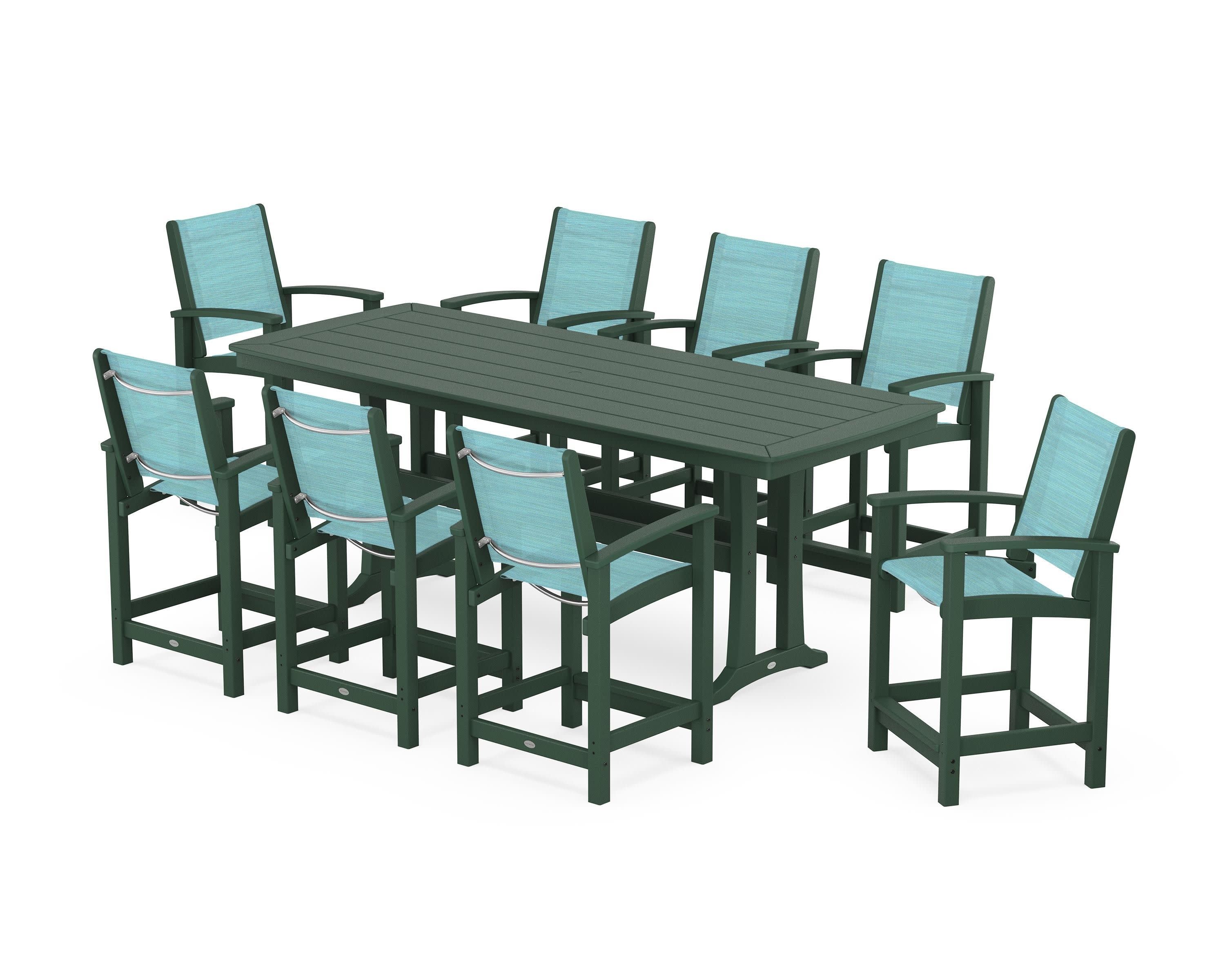 Coastal 9-Piece Counter Set with Trestle Legs in Green / Dupioni Aquamarine Sling