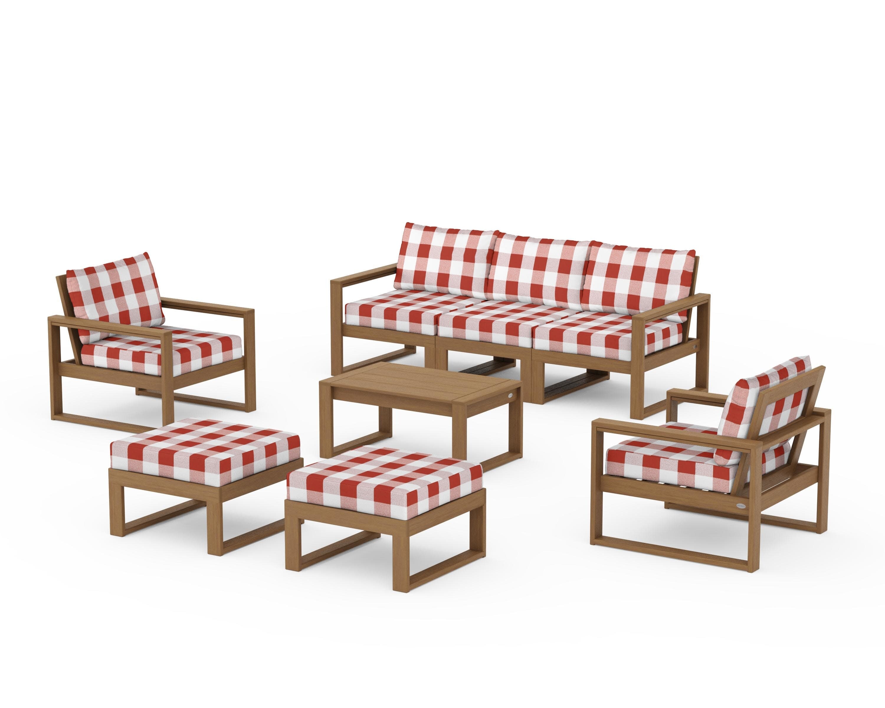 EDGE Sectional 8-Piece Lounge Sofa Set in Natural / Buffalo Plaid Crimson