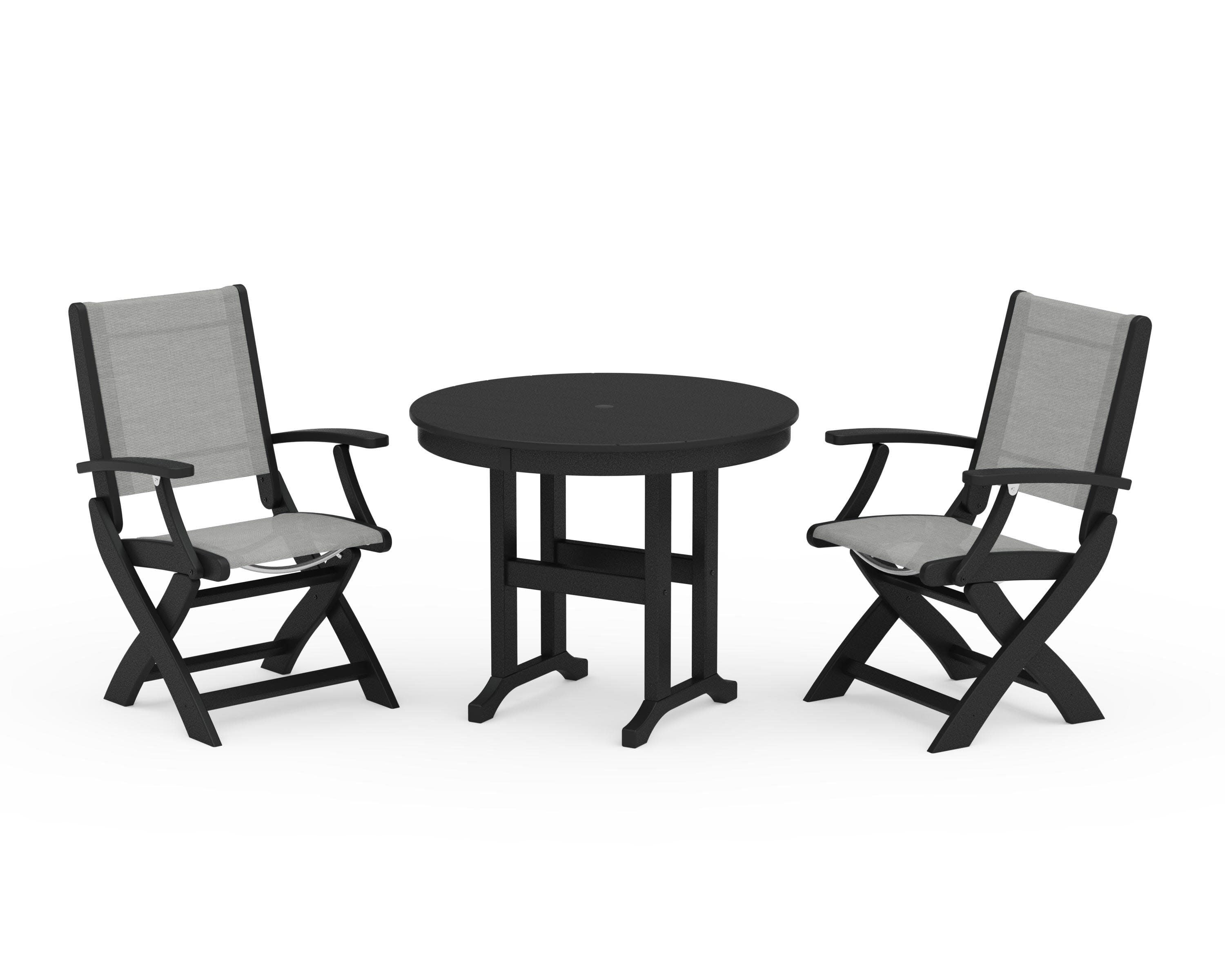 Coastal Folding Chair 3-Piece Round Dining Set in Black / Metallic Sling