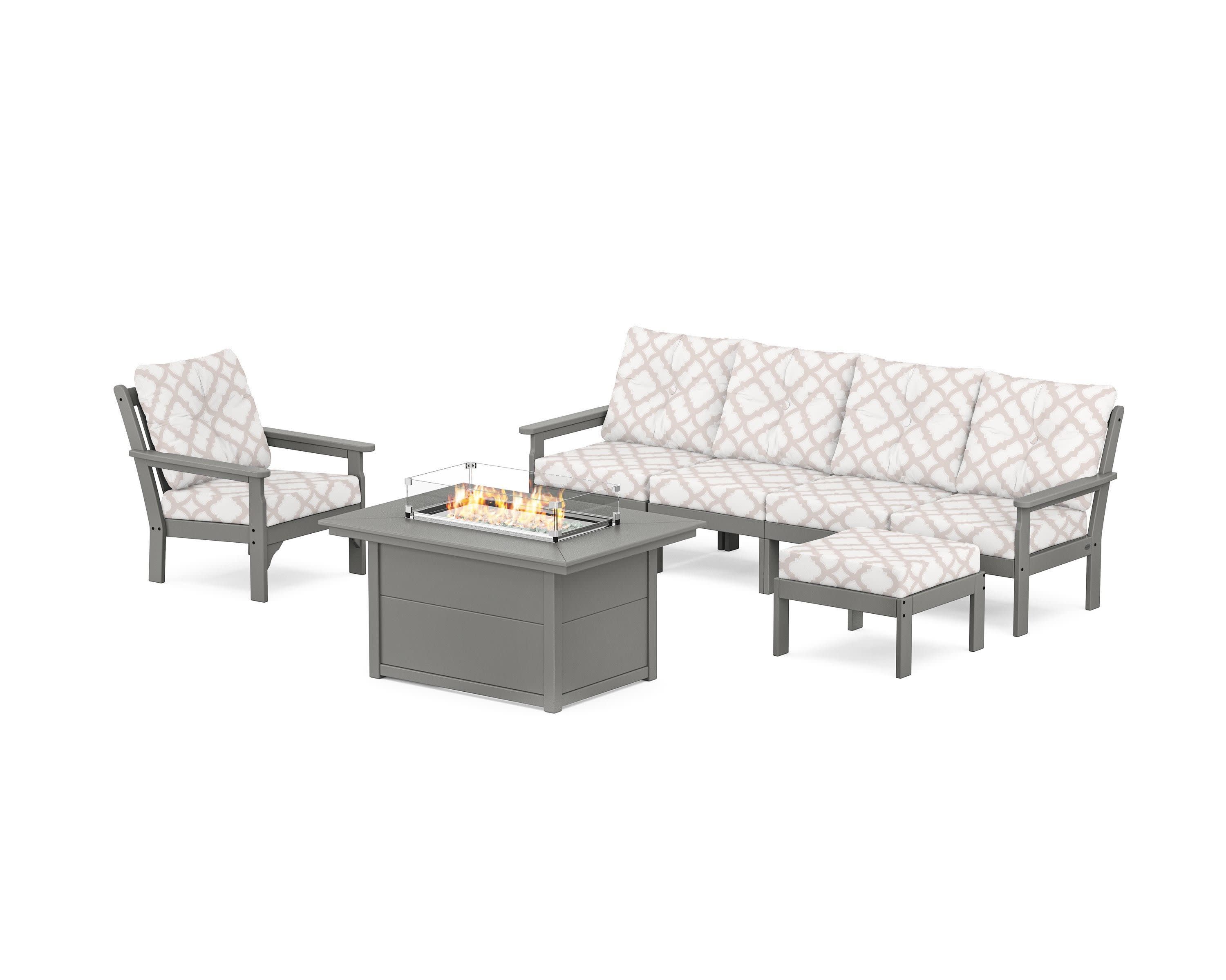 Vineyard Sectional Lounge and Fire Pit Set in Slate Grey / Trellis Dune Burlap