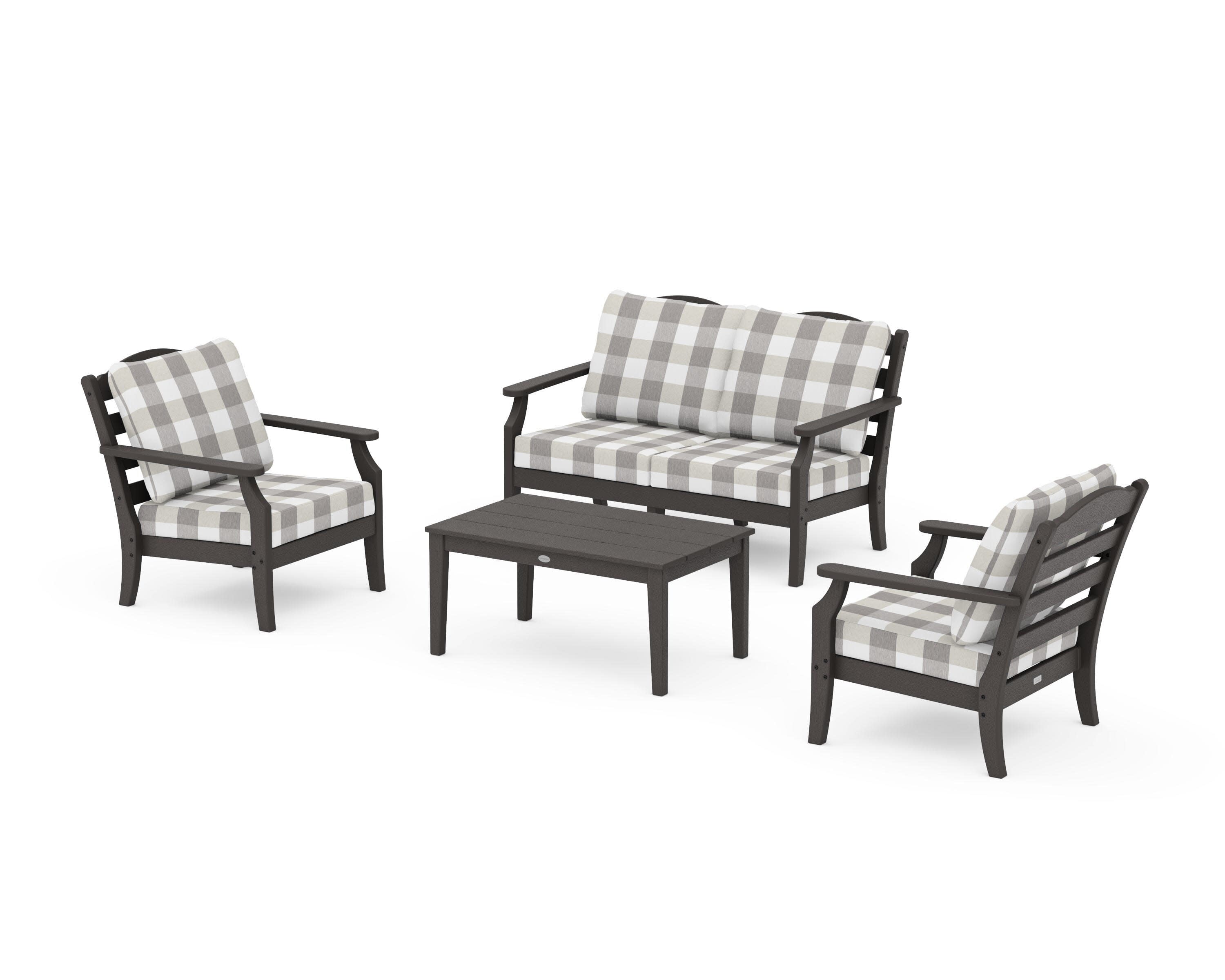 Savannah 4-Piece Deep Seating Set with Loveseat in Vintage Coffee / Buffalo Plaid Grey Mist