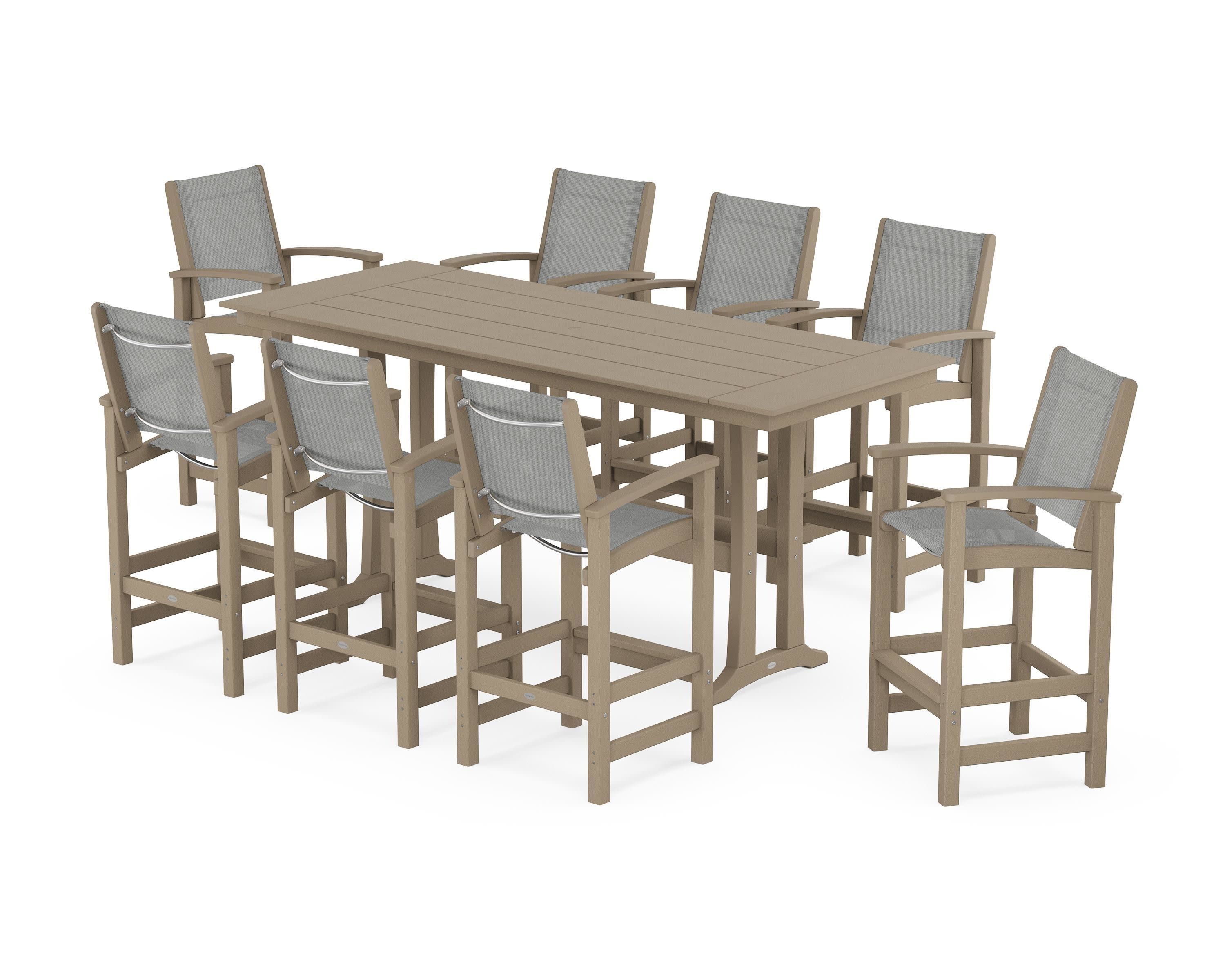 Coastal 9-Piece Farmhouse Bar Set with Trestle Legs in Vintage Sahara / Metallic Sling