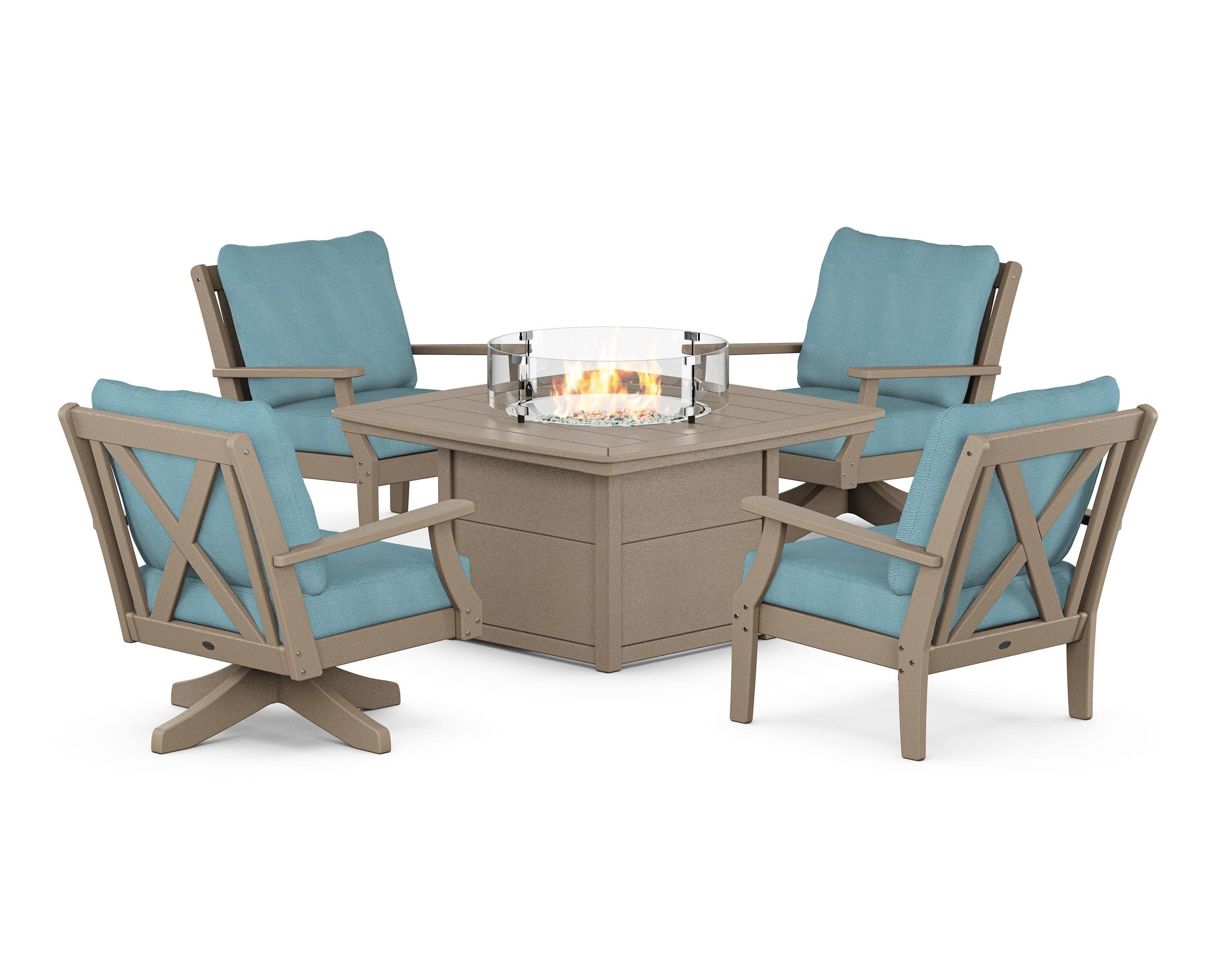 Braxton 5-Piece Deep Seating Set with Fire Table in Vintage Sahara / Lattice Sky Blue