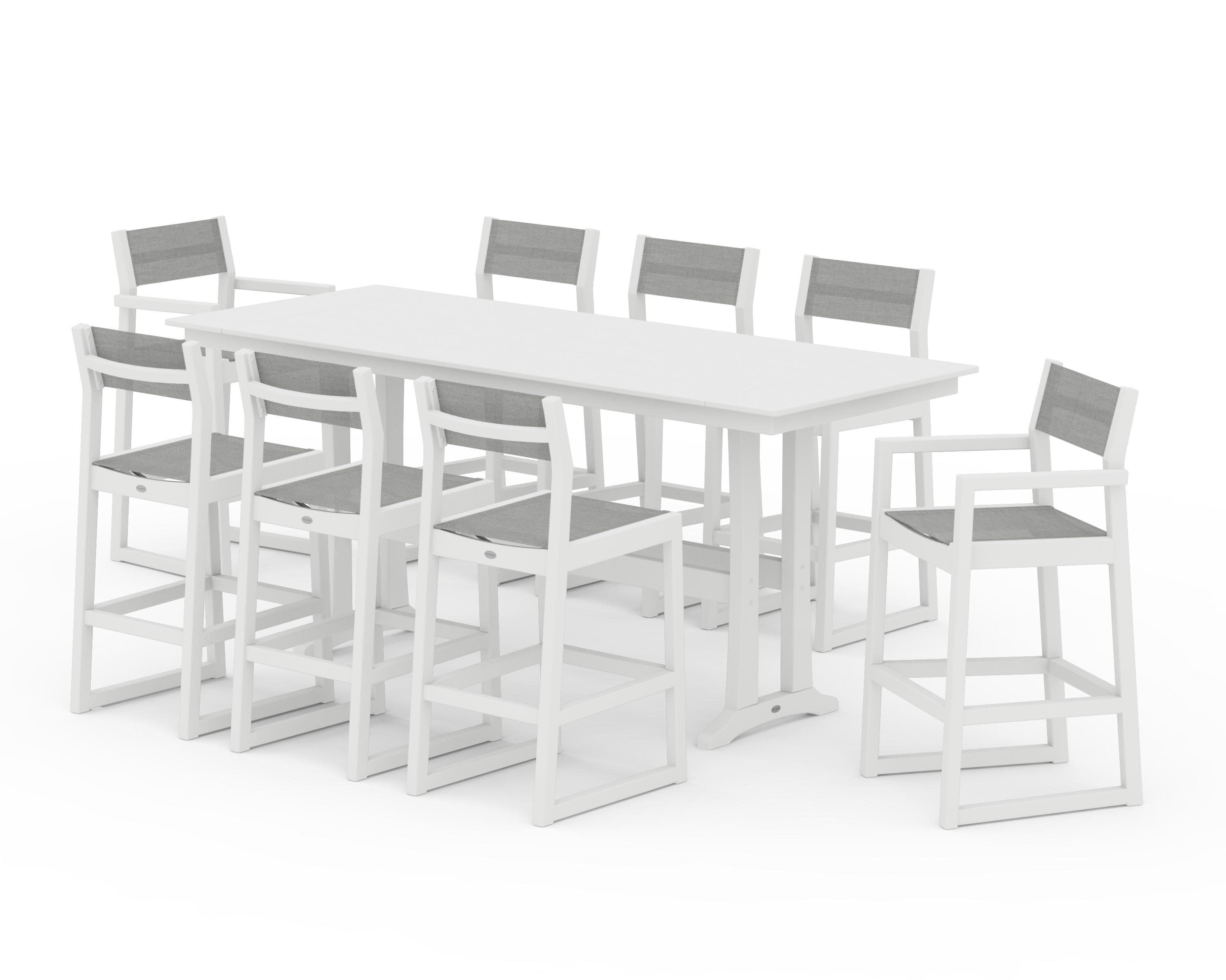 EDGE Sling 9-Piece Farmhouse Bar Set with Trestle Legs in White / Metallic Sling
