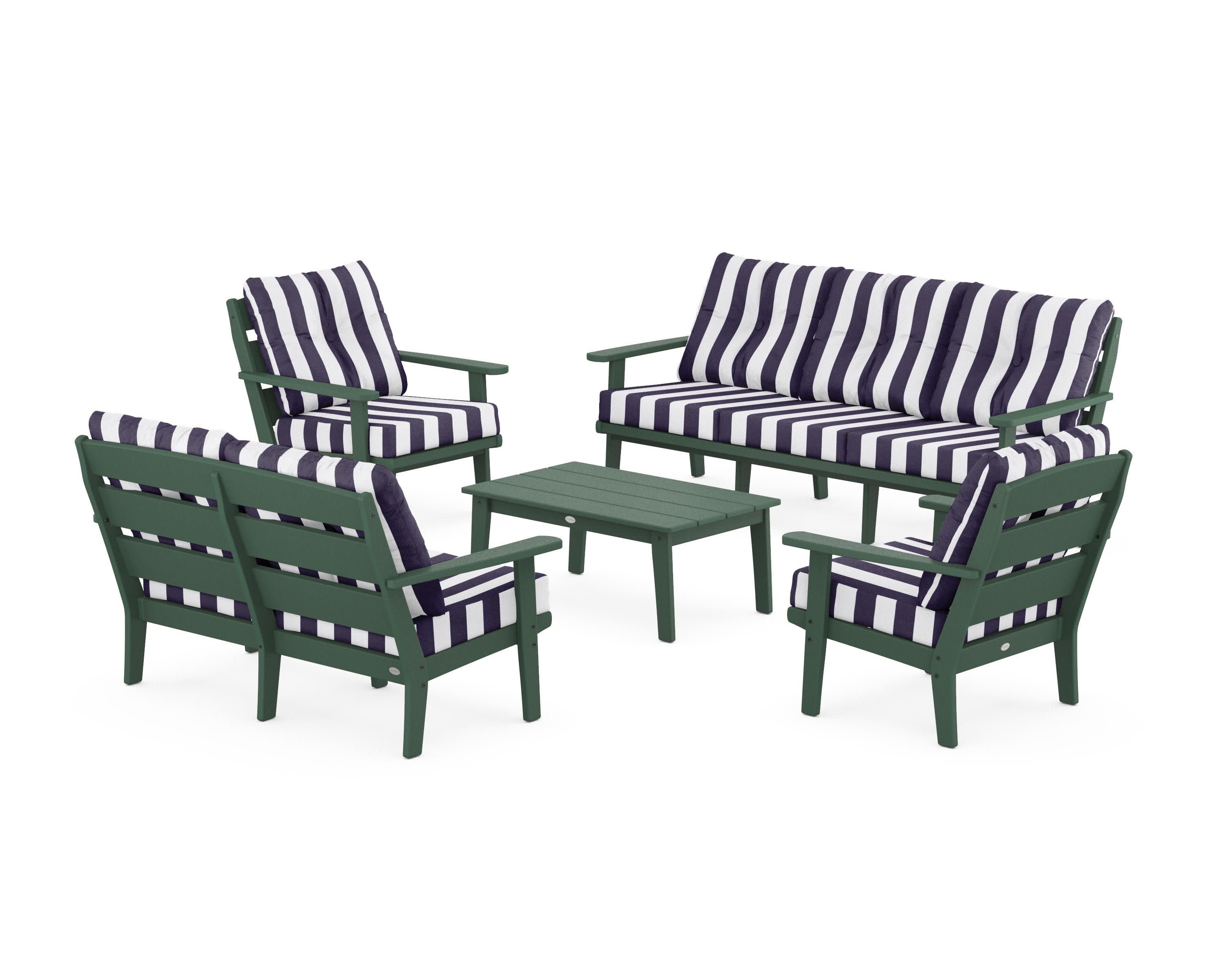 Lakeside 5-Piece Lounge Sofa Set in Green / Cabana Stripe Navy