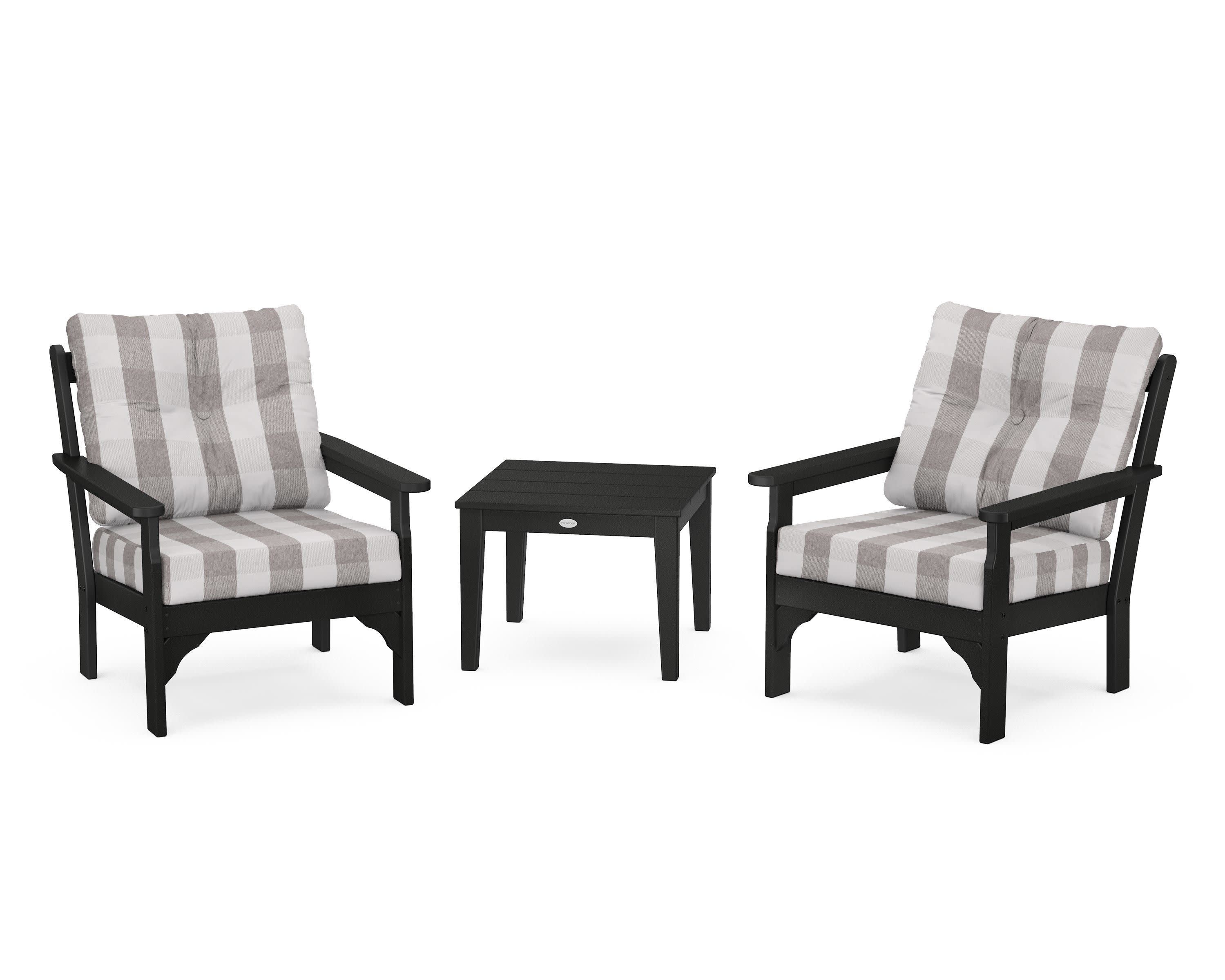 Vineyard 3-Piece Deep Seating Set in Black / Buffalo Plaid Grey Mist