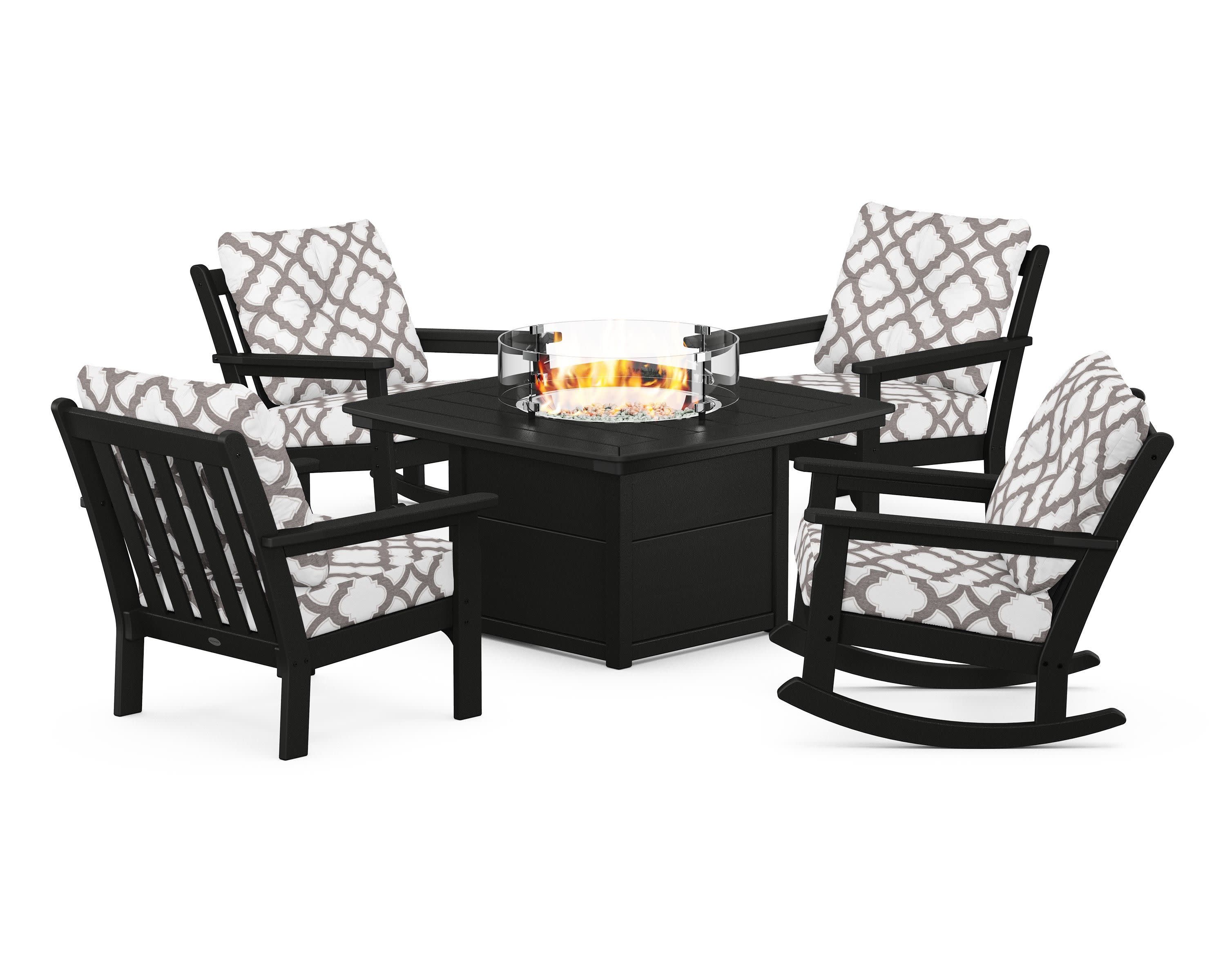 Vineyard 5-Piece Deep Seating Rocking Chair Conversation Set with Fire Pit Table in Black / Trellis Grey Mist