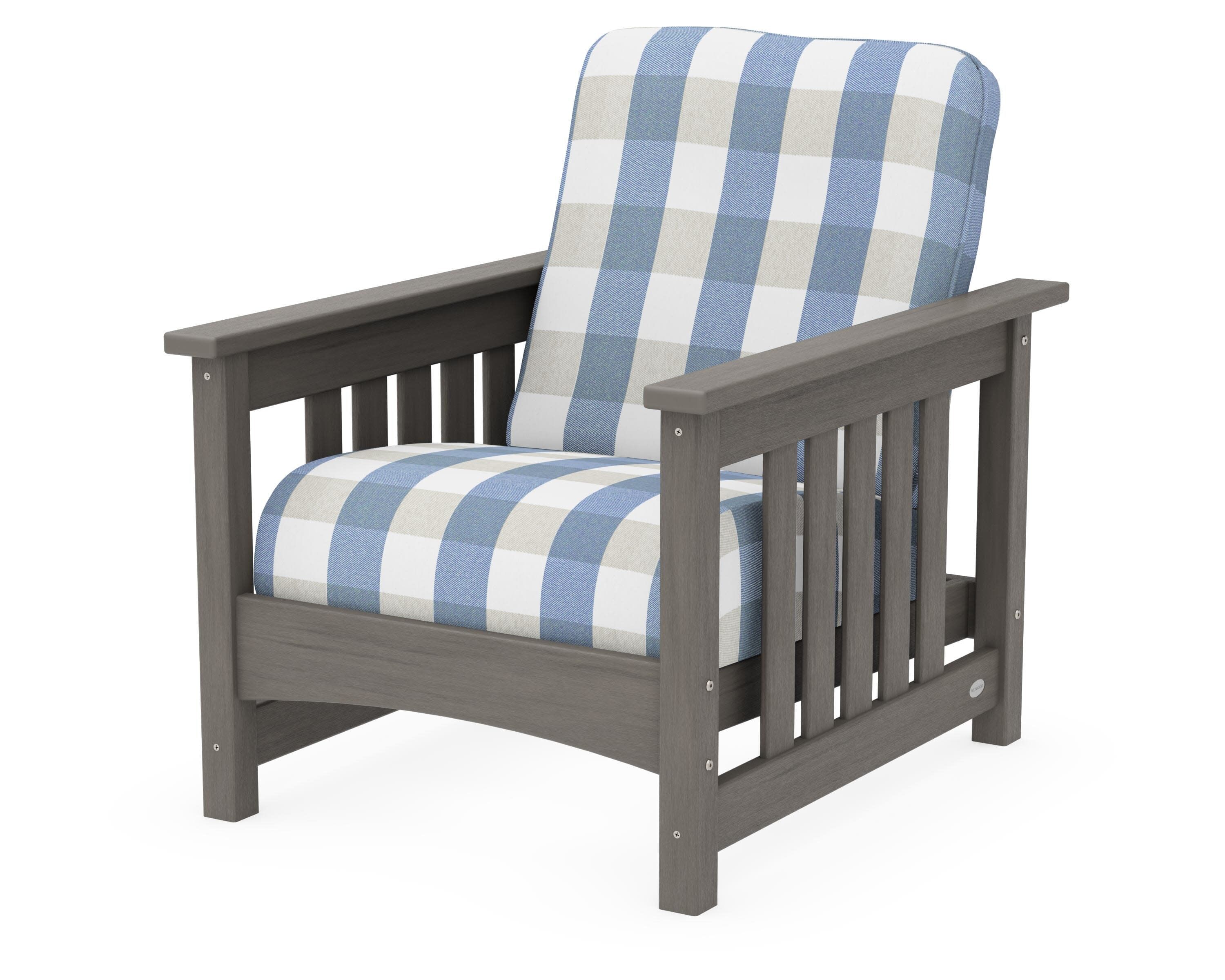 Club Mission Chair in Driftwood / Buffalo Plaid Sky Blue