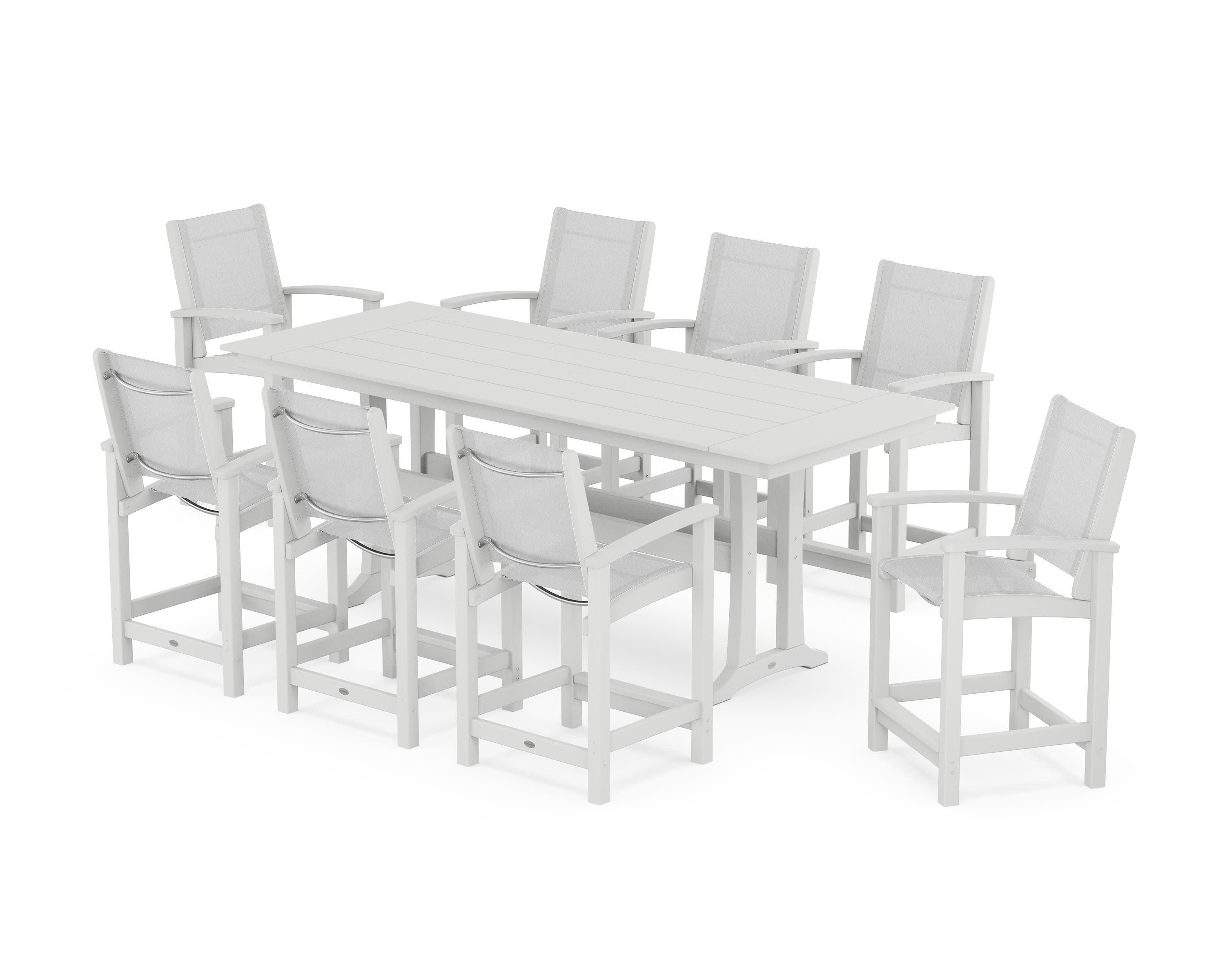 Coastal 9-Piece Farmhouse Counter Set with Trestle Legs in White / White Sling