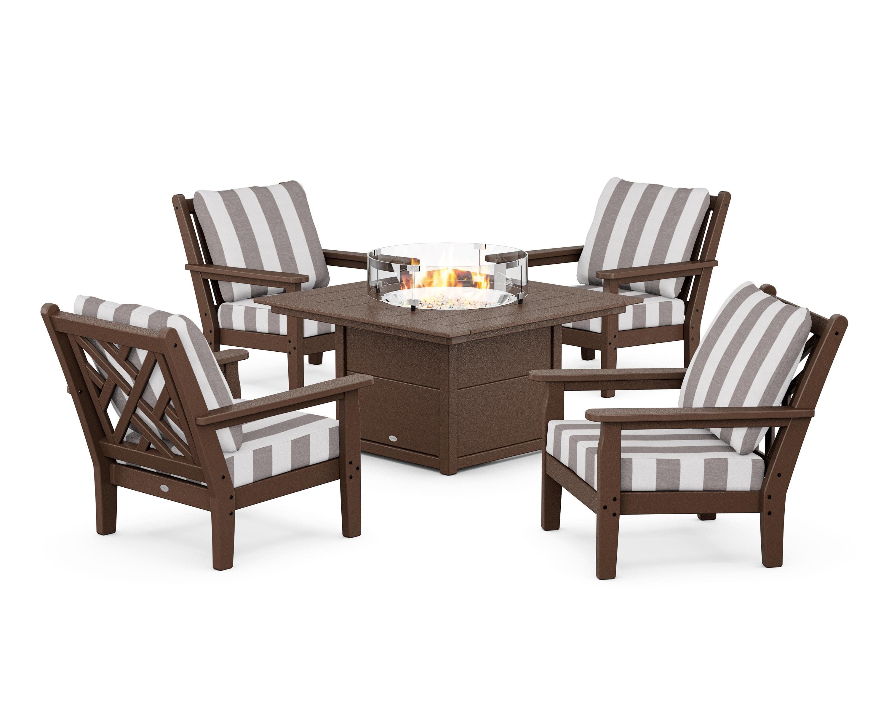 Chippendale 5-Piece Deep Seating Set with Fire Pit Table in Mahogany / Cabana Stripe Grey Mist