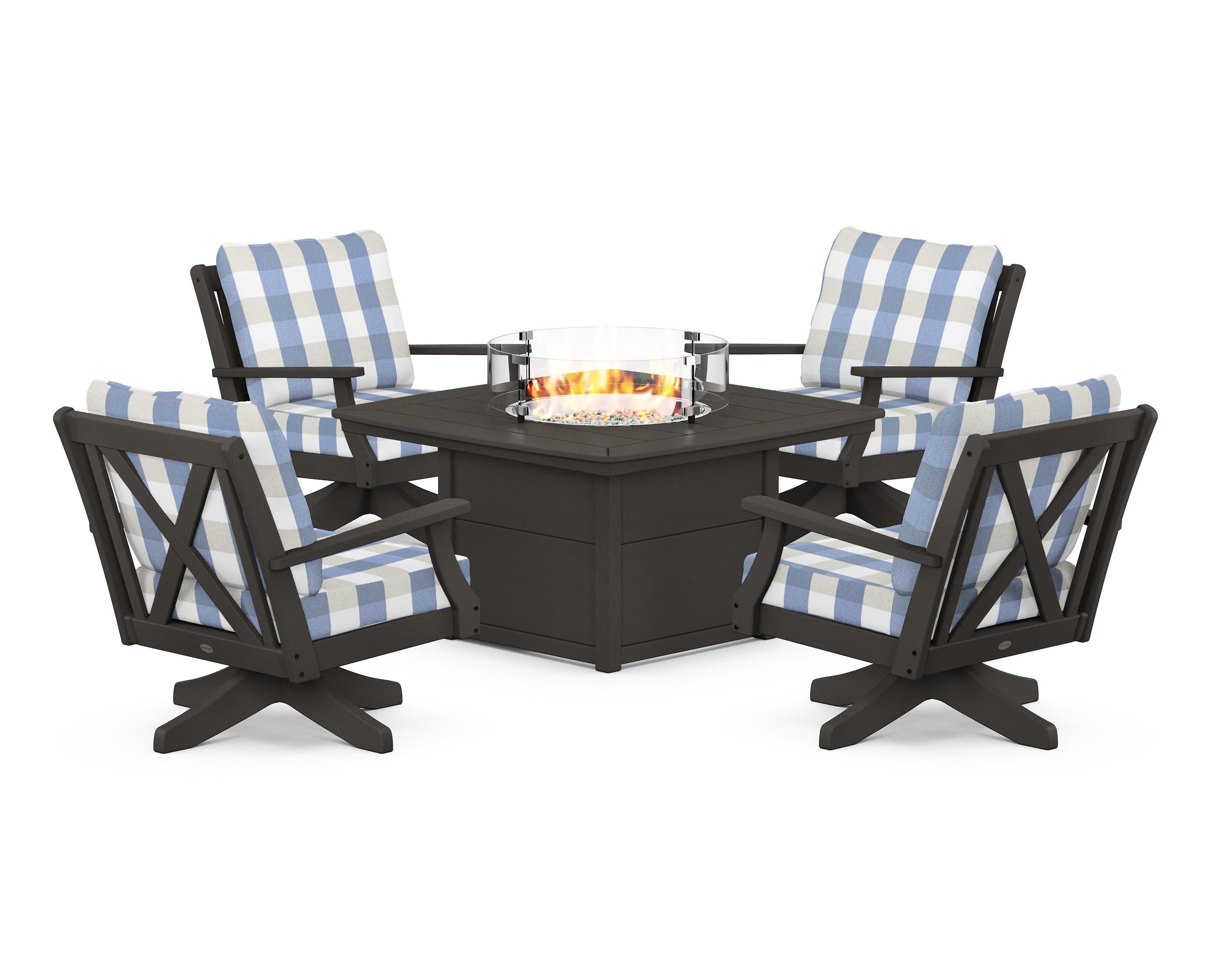 Braxton 5-Piece Deep Seating Swivel Conversation Set with Fire Pit Table in Vintage Coffee / Buffalo Plaid Sky Blue