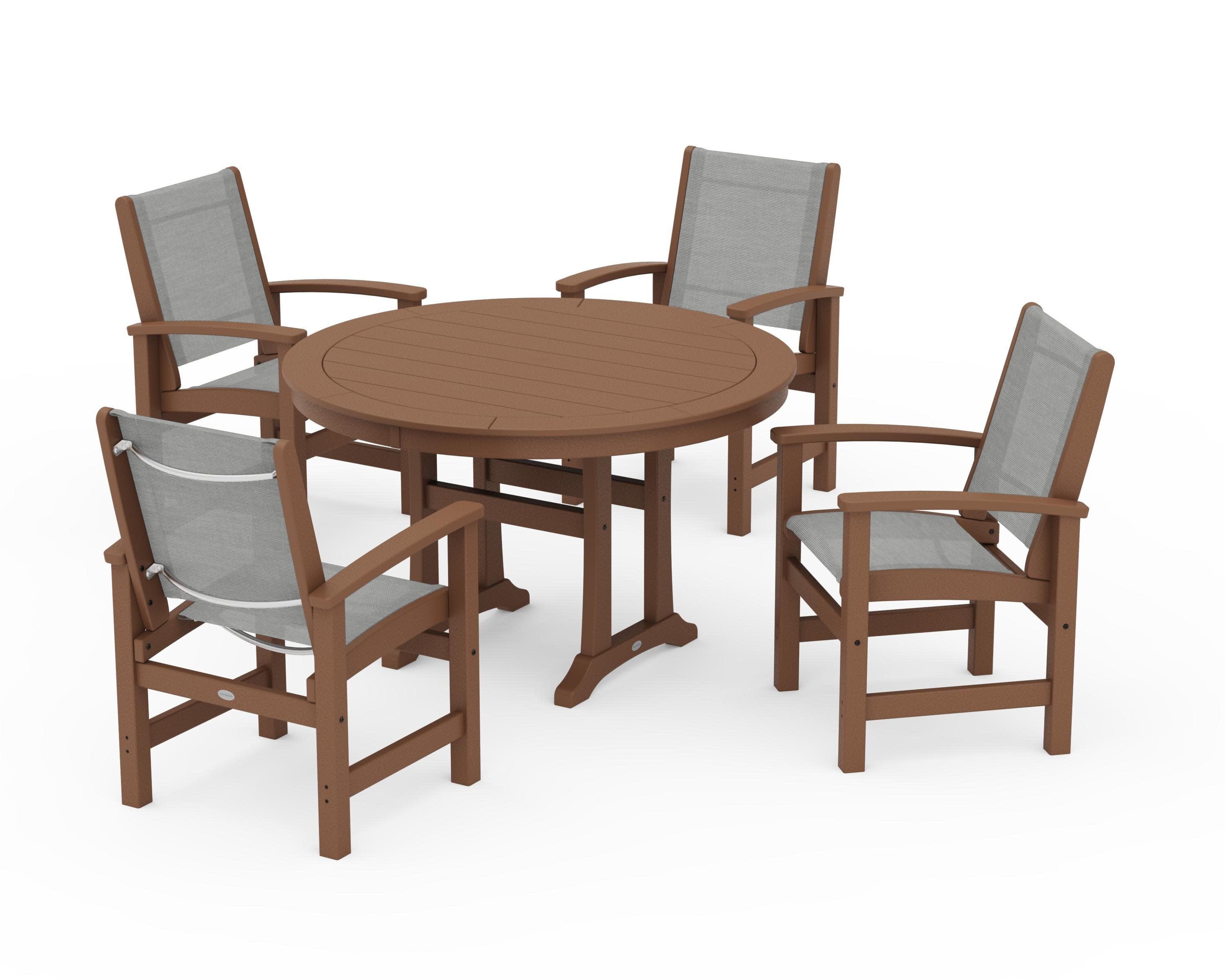 Coastal 5-Piece Round Dining Set with Trestle Legs in Teak / Metallic Sling