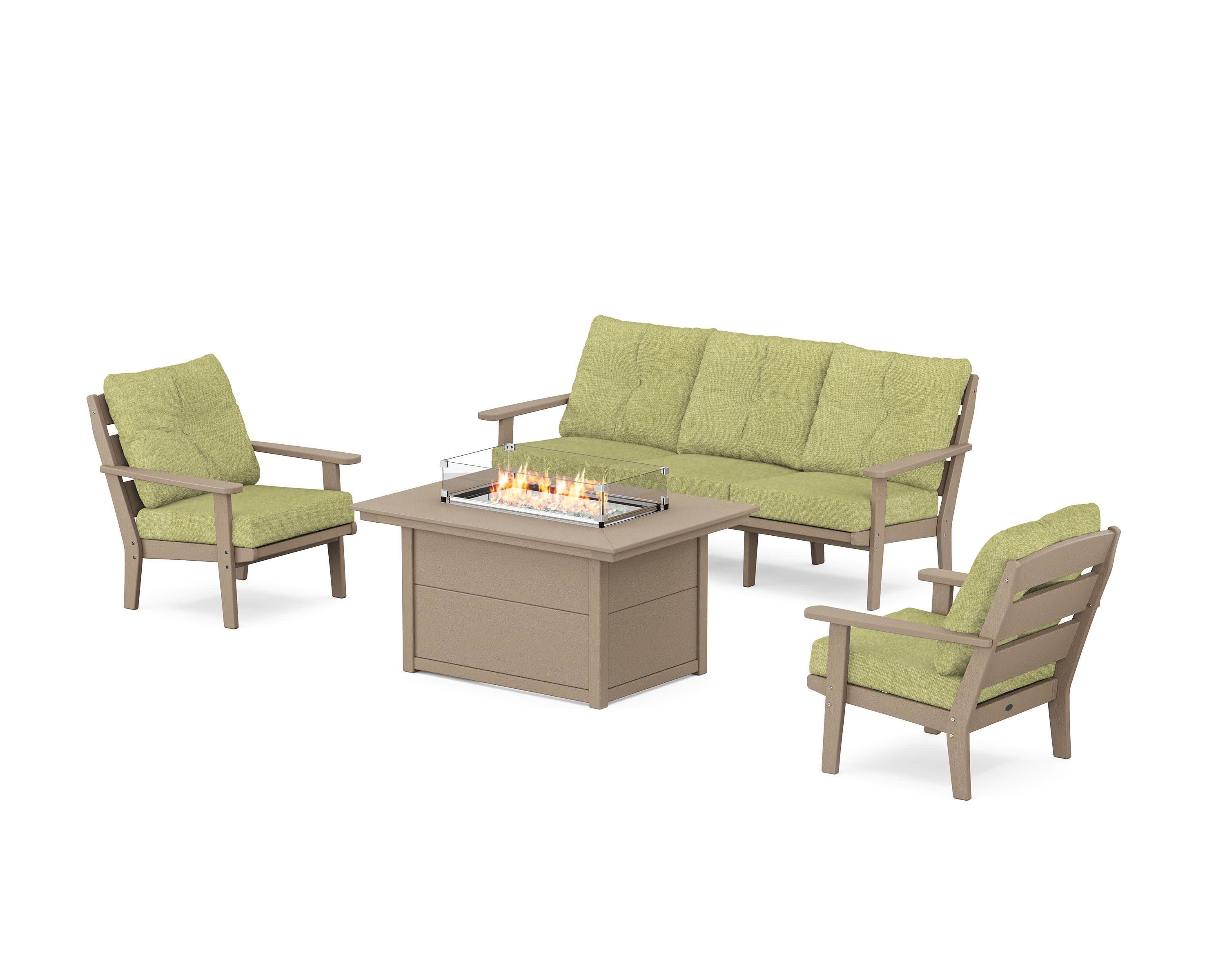 Lakeside Deep Seating Fire Pit Table Set in Vintage Sahara / Chartreuse Boucle