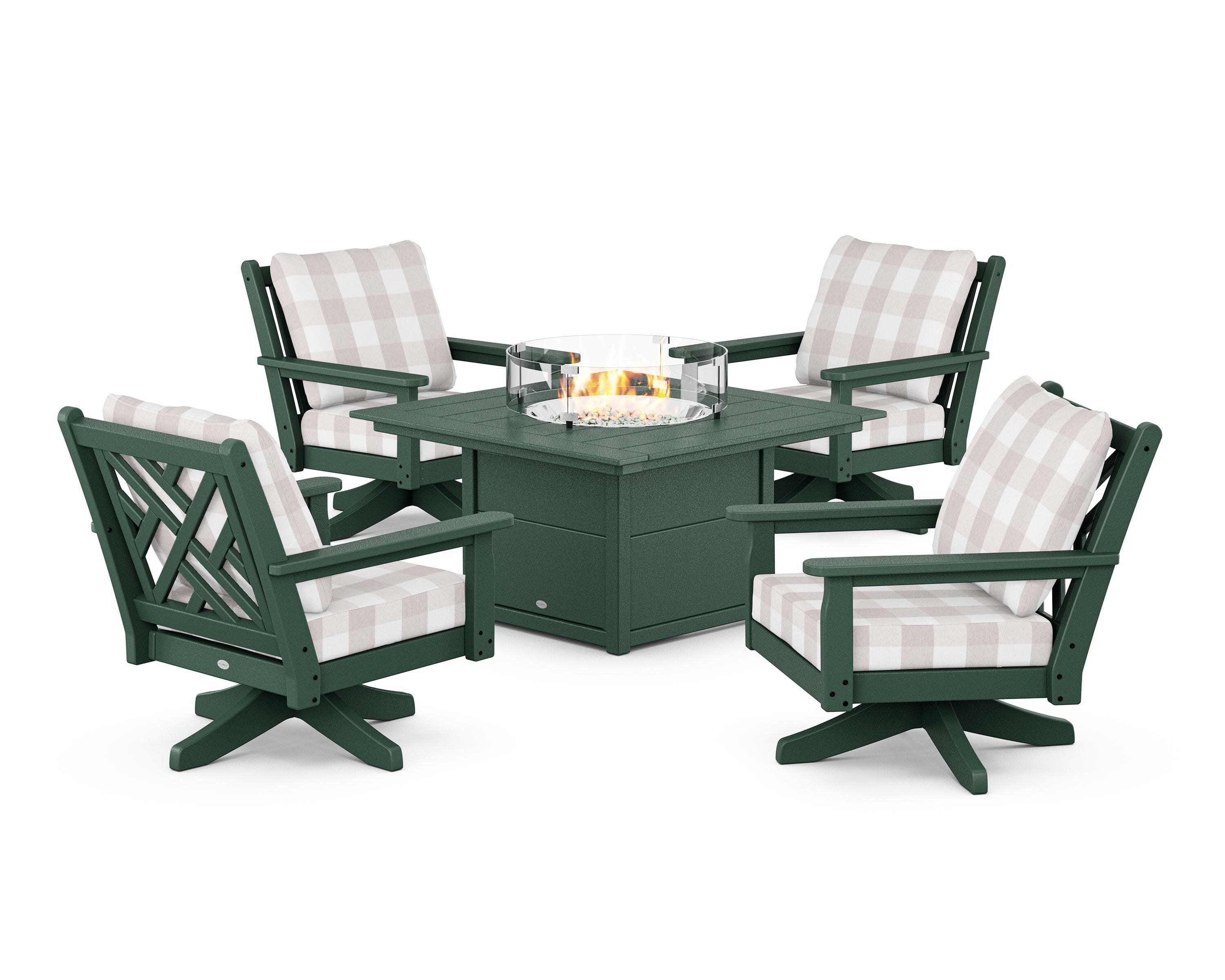 Chippendale 5-Piece Deep Seating Swivel Conversation Set with Fire Pit Table in Green / Buffalo Plaid Dune Burlap
