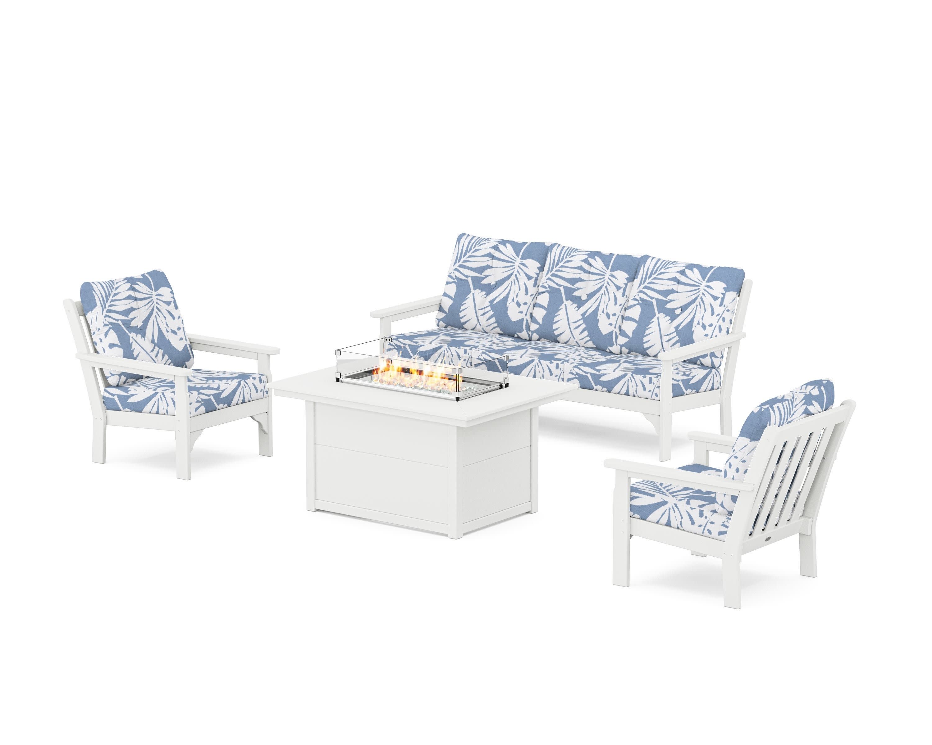 Vineyard Deep Seating Fire Pit Table Set in White / Leaf Sky Blue
