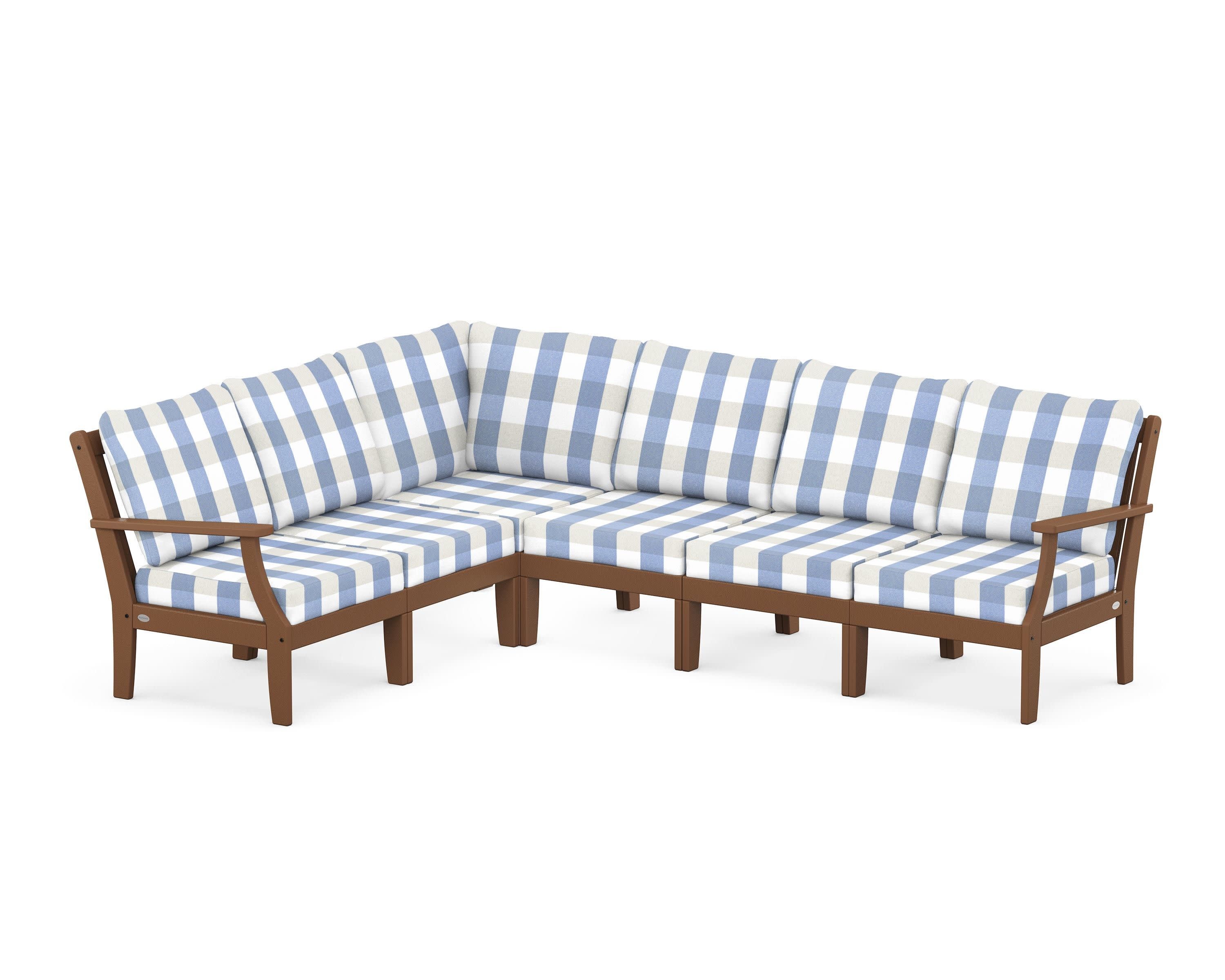 Braxton Modular 6-Piece Deep Seating Set in Teak / Buffalo Plaid Sky Blue