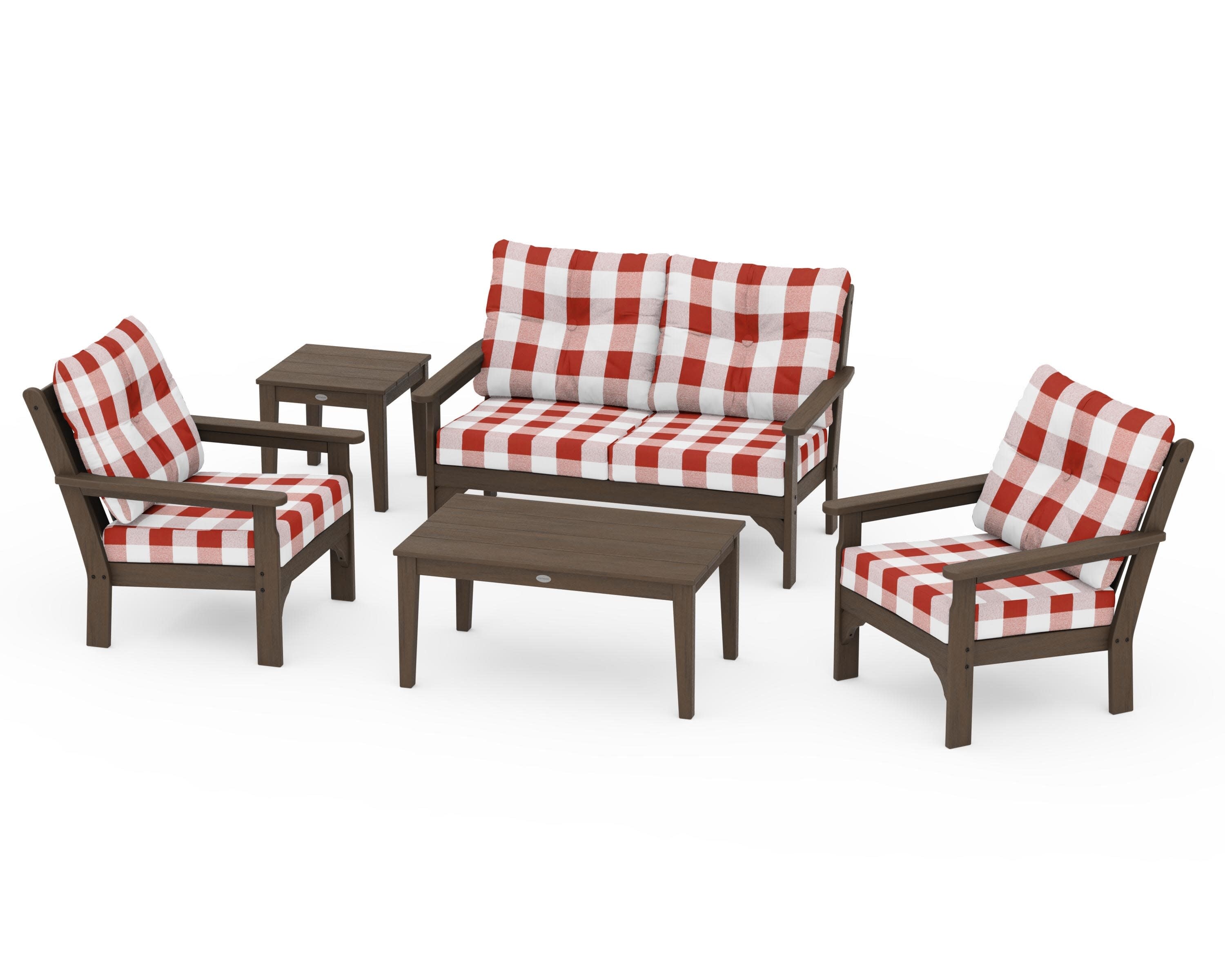 Vineyard 5-Piece Deep Seating Set in Kona / Buffalo Plaid Crimson