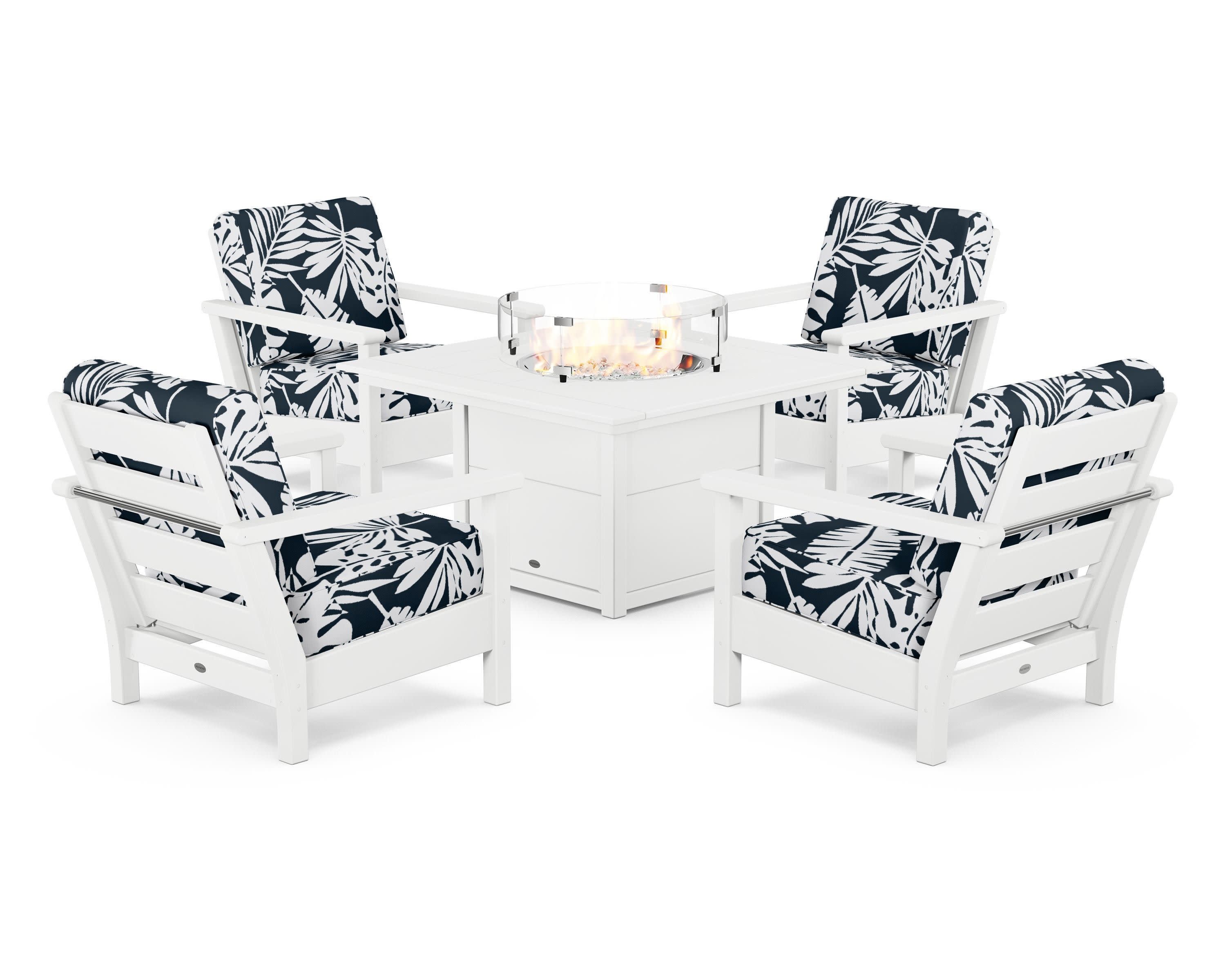 Harbour 5-Piece Conversation Set with Fire Pit Table in White / Leaf Marine Indigo