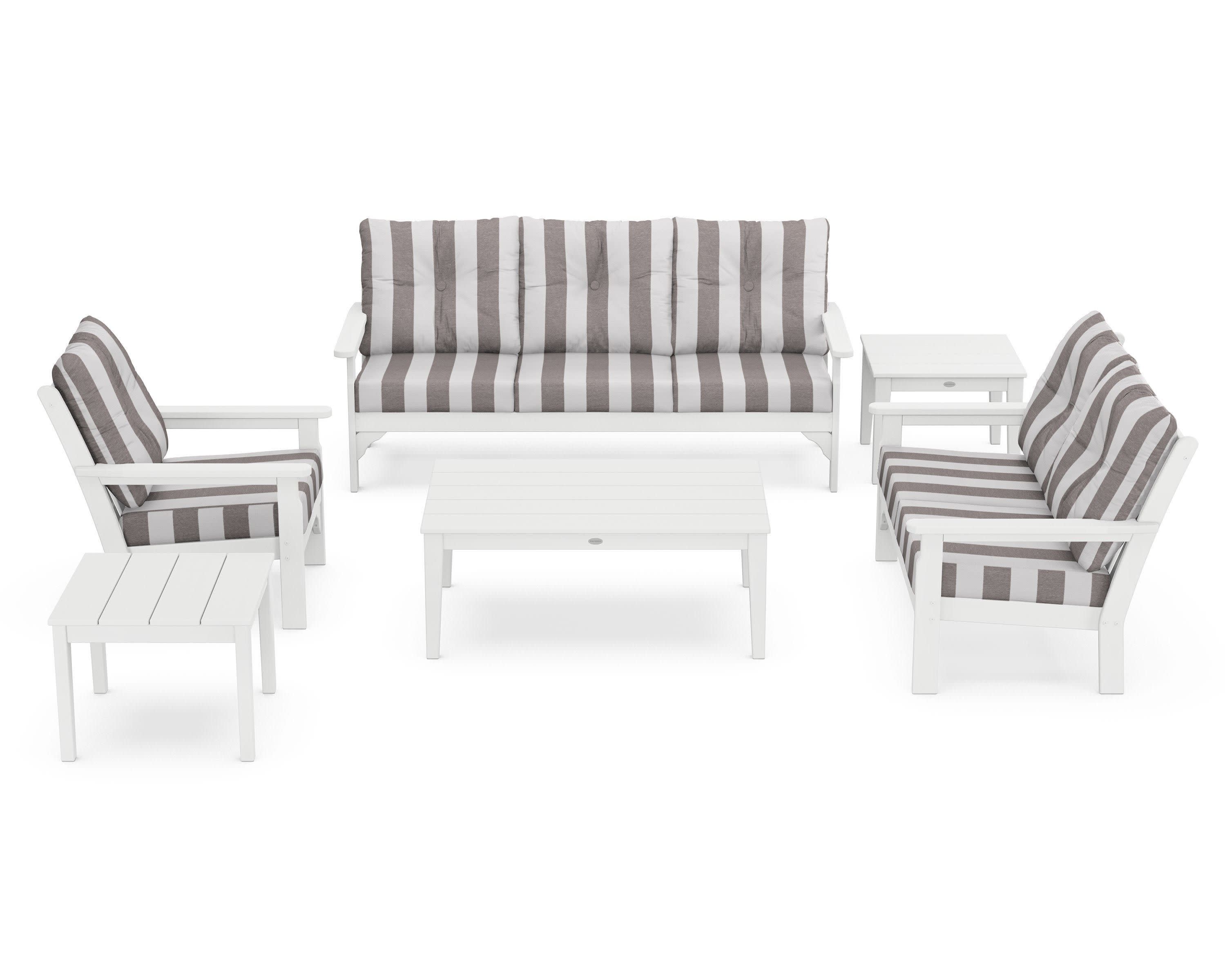 Vineyard 6-Piece Deep Seating Set in White / Cabana Stripe Grey Mist