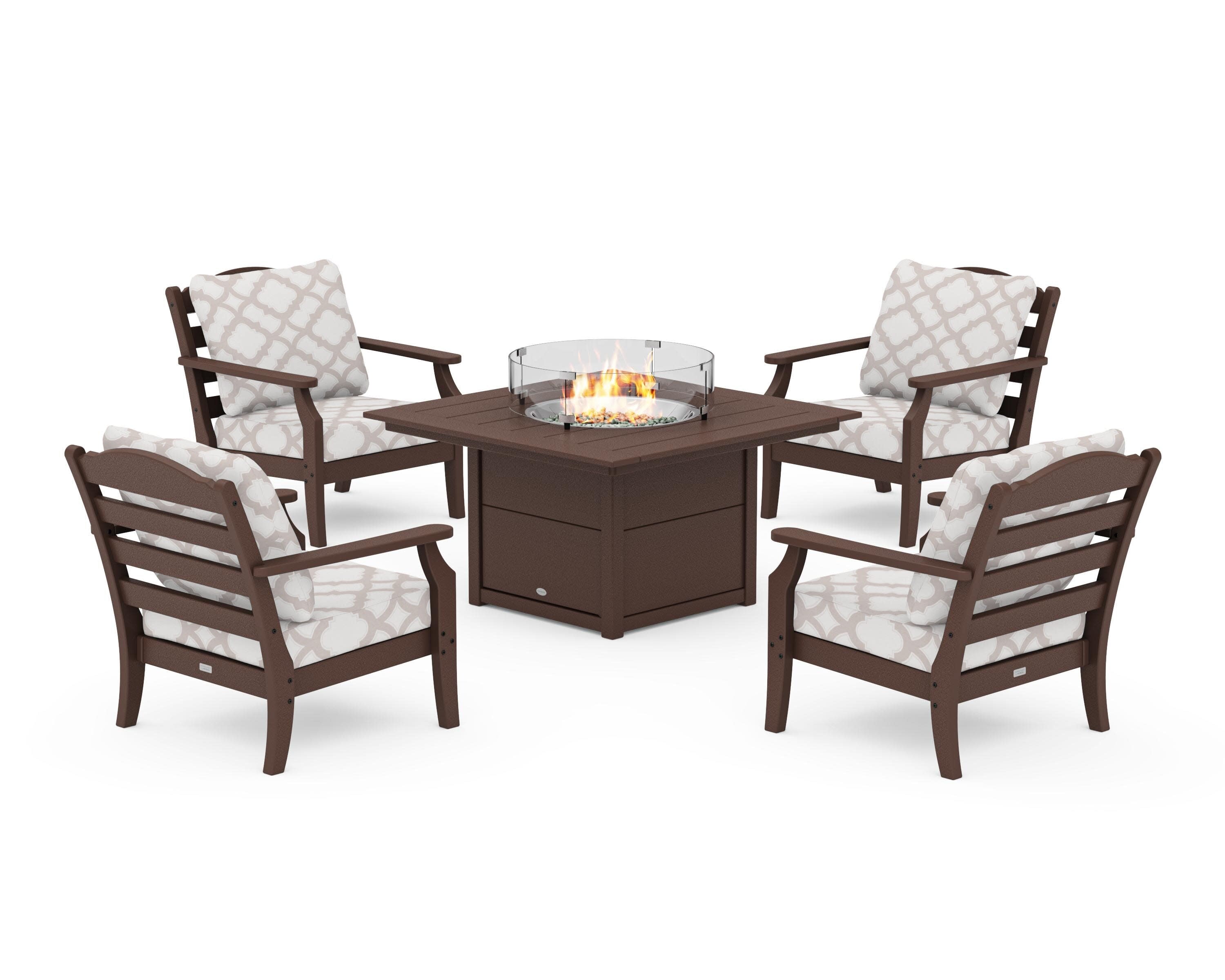 Savannah 5-Piece Deep Seating Set with Fire Pit Table in Mahogany / Trellis Dune Burlap