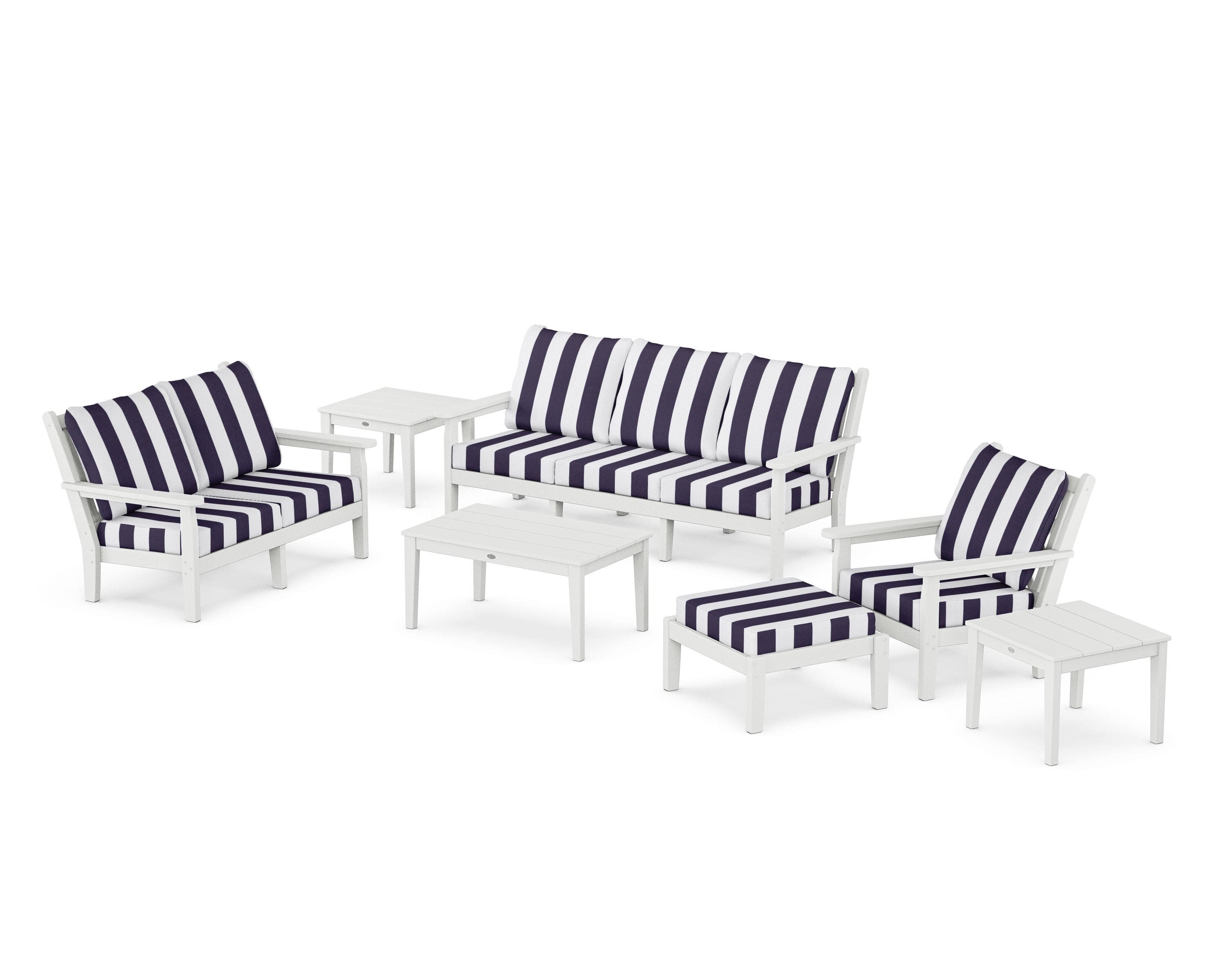 Chippendale 7-Piece Deep Seating Set in White / Cabana Stripe Navy