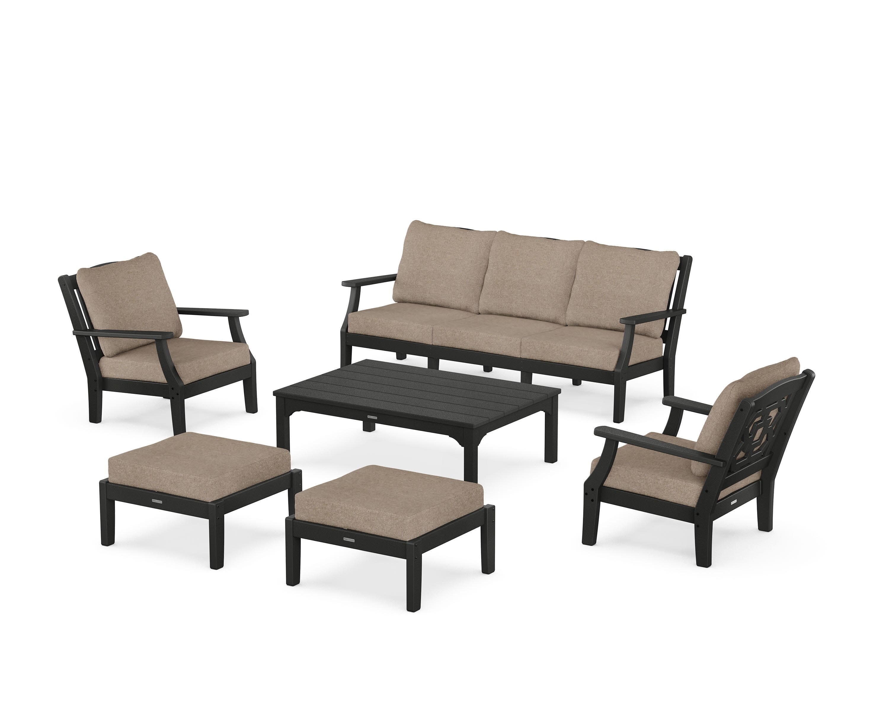 Chinoiserie 6-Piece Lounge Sofa Set in Black / Spiced Burlap