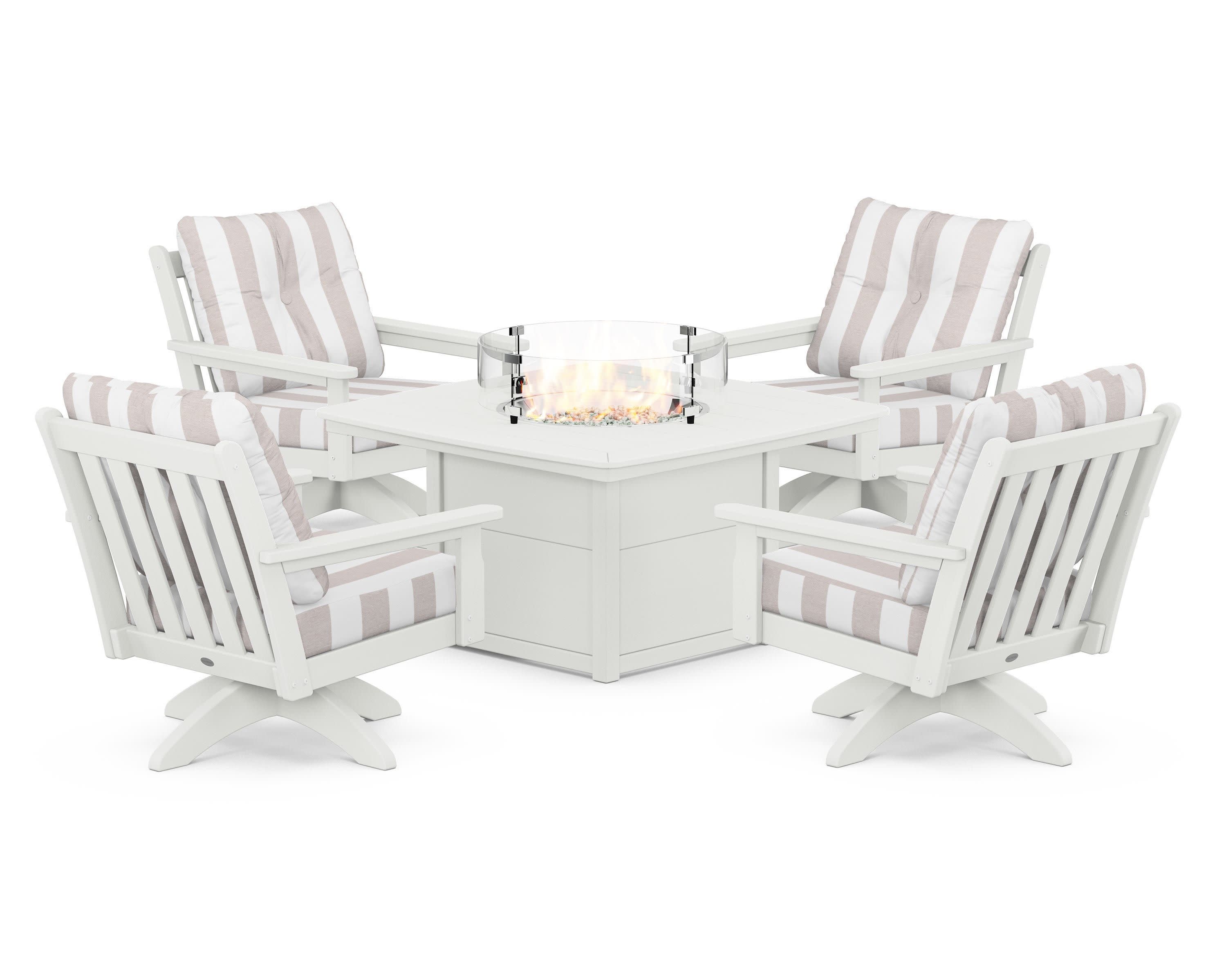 Vineyard 5-Piece Deep Seating Swivel Conversation Set with Fire Pit Table in Vintage White / Cabana Stripe Dune Burlap
