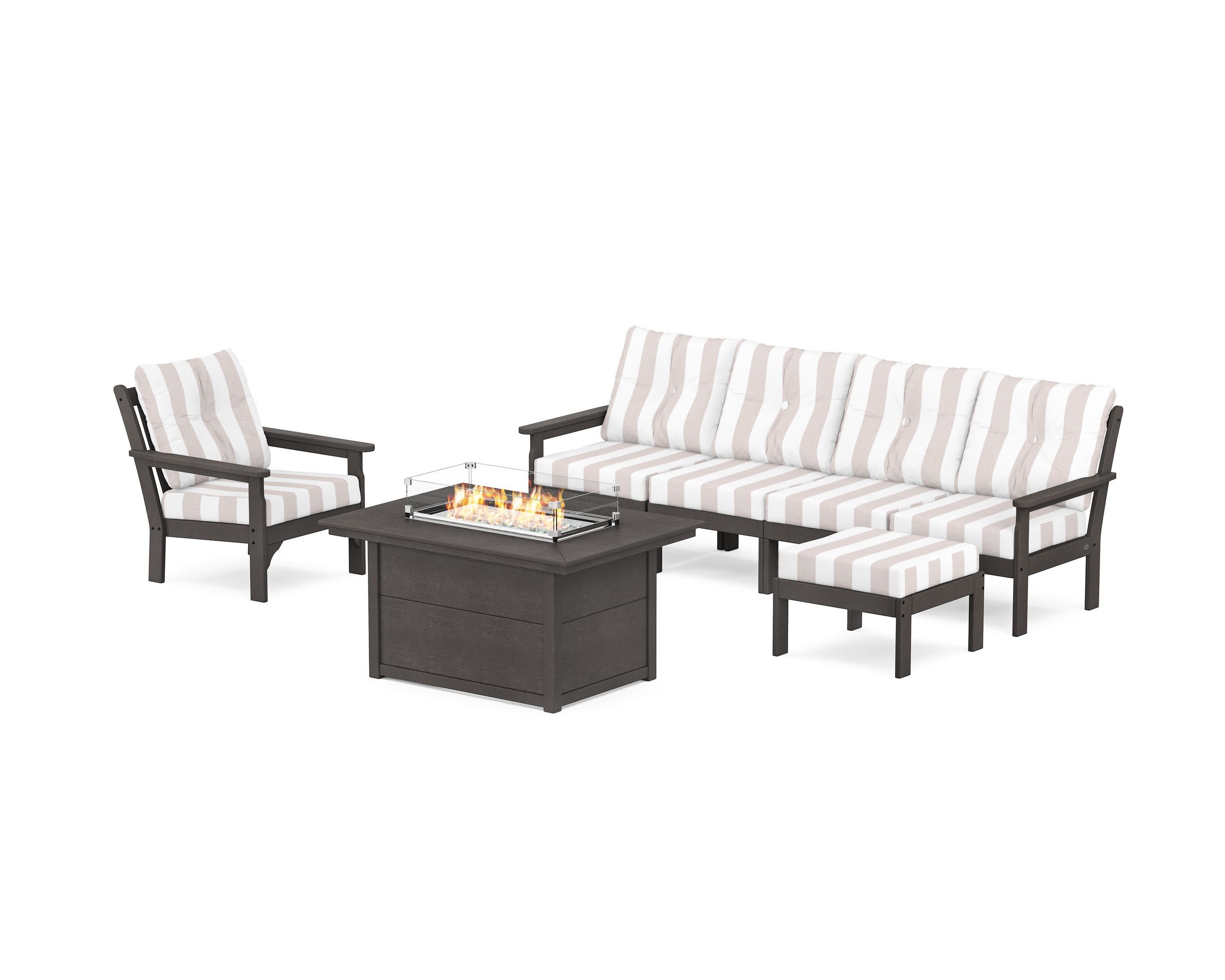 Vineyard Sectional Lounge and Fire Pit Set in Vintage Coffee / Cabana Stripe Dune Burlap