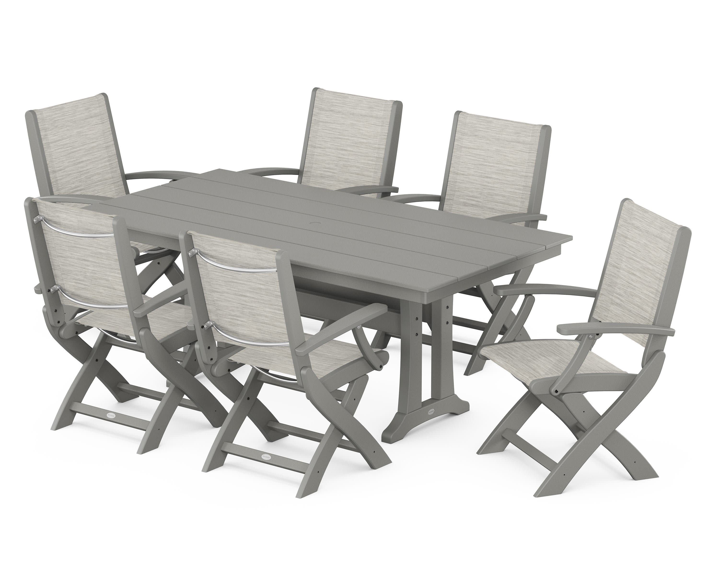 Coastal Folding Arm Chair 7-Piece Farmhouse Dining Set with Trestle Legs in Slate Grey / Birch Sling