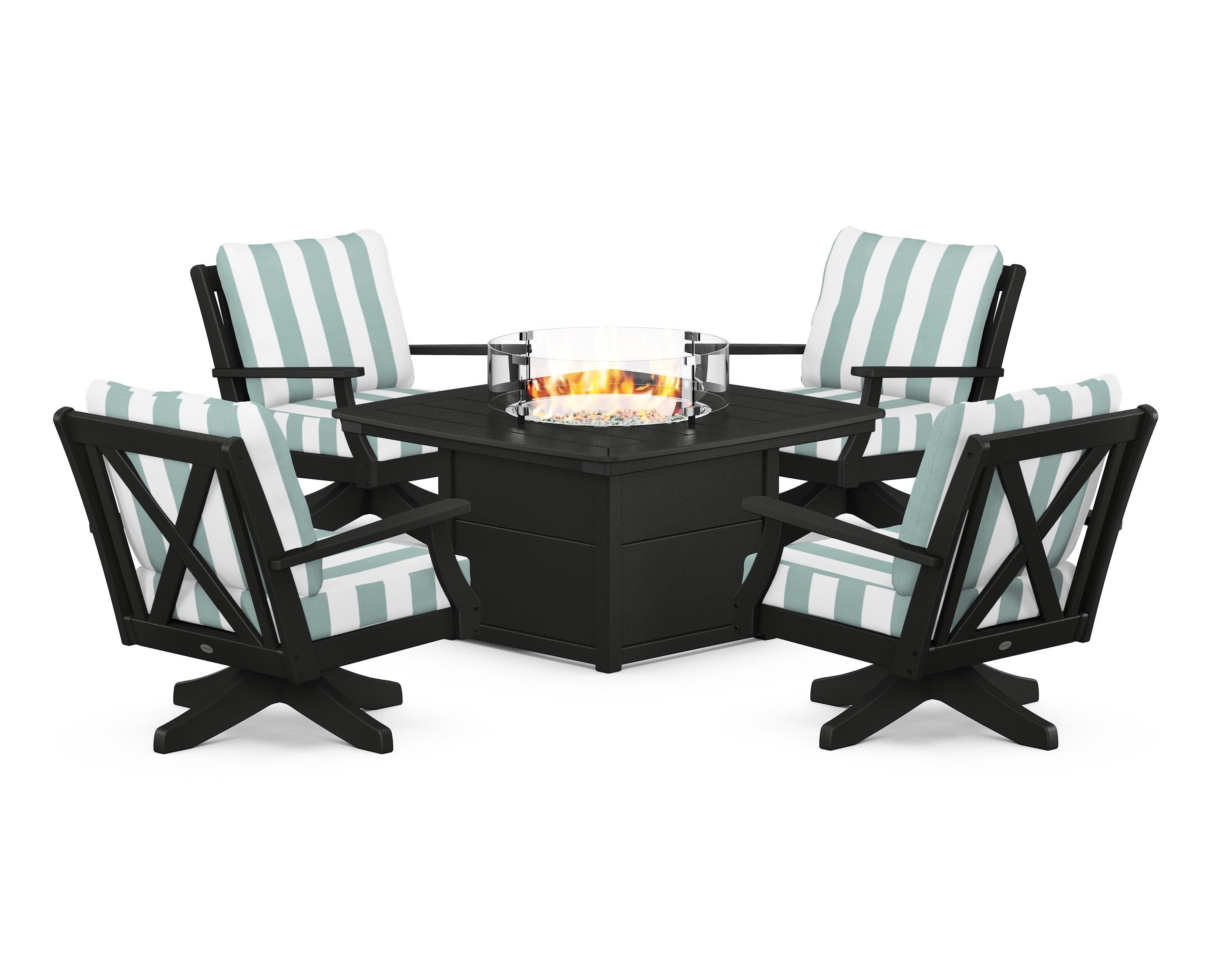Braxton 5-Piece Deep Seating Swivel Conversation Set with Fire Pit Table in Black / Cabana Stripe Glacier Spa