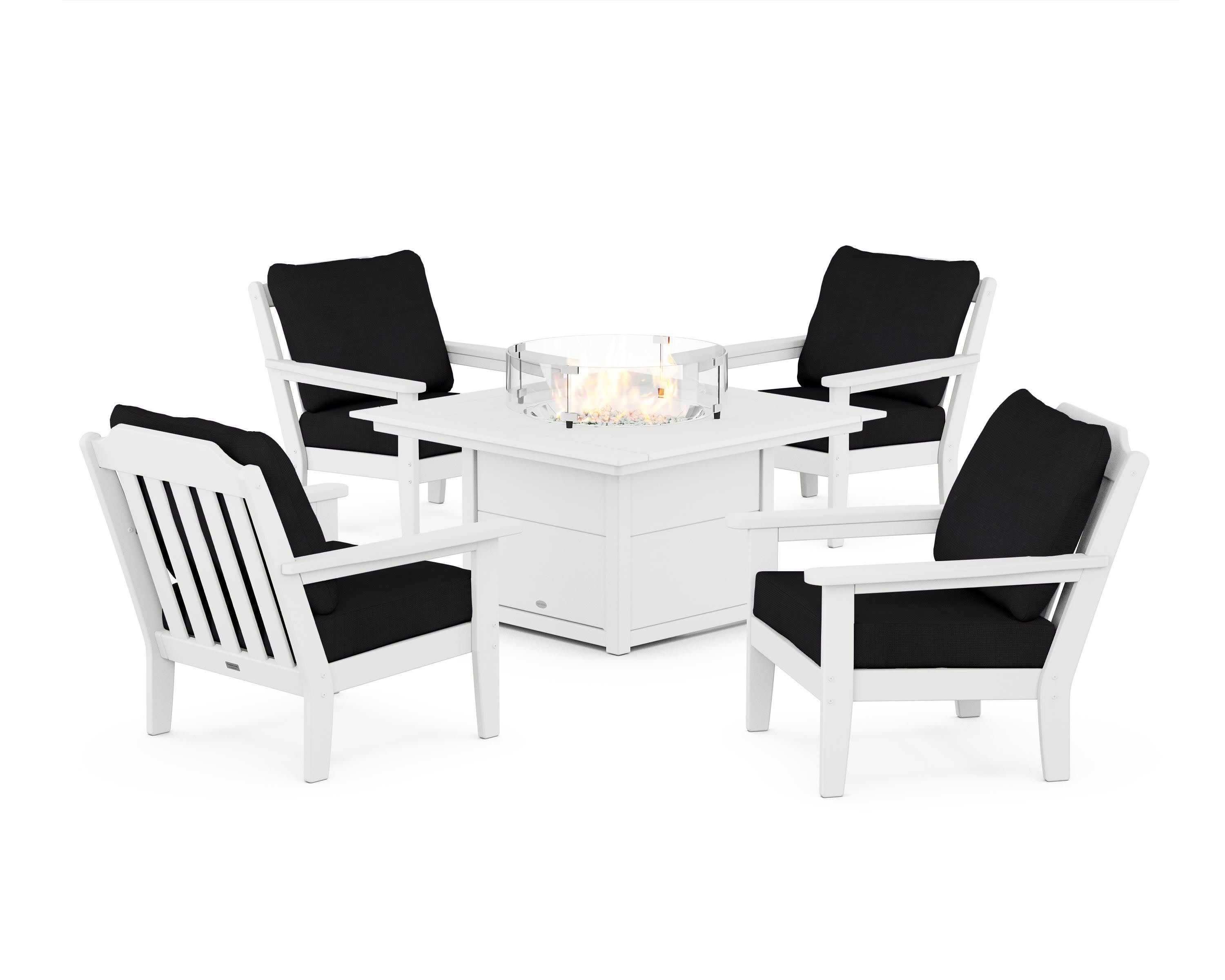 Cottage 5-Piece Deep Seating Set with Fire Pit Table in White / Midnight Linen