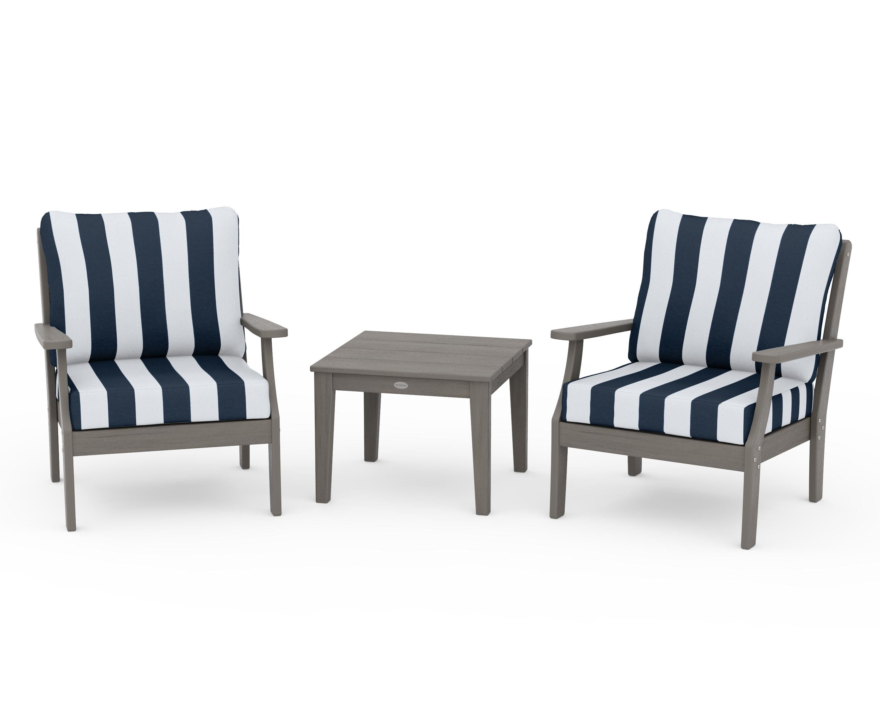 Braxton 3-Piece Deep Seating Set in Driftwood / Cabana Stripe Marine Indigo