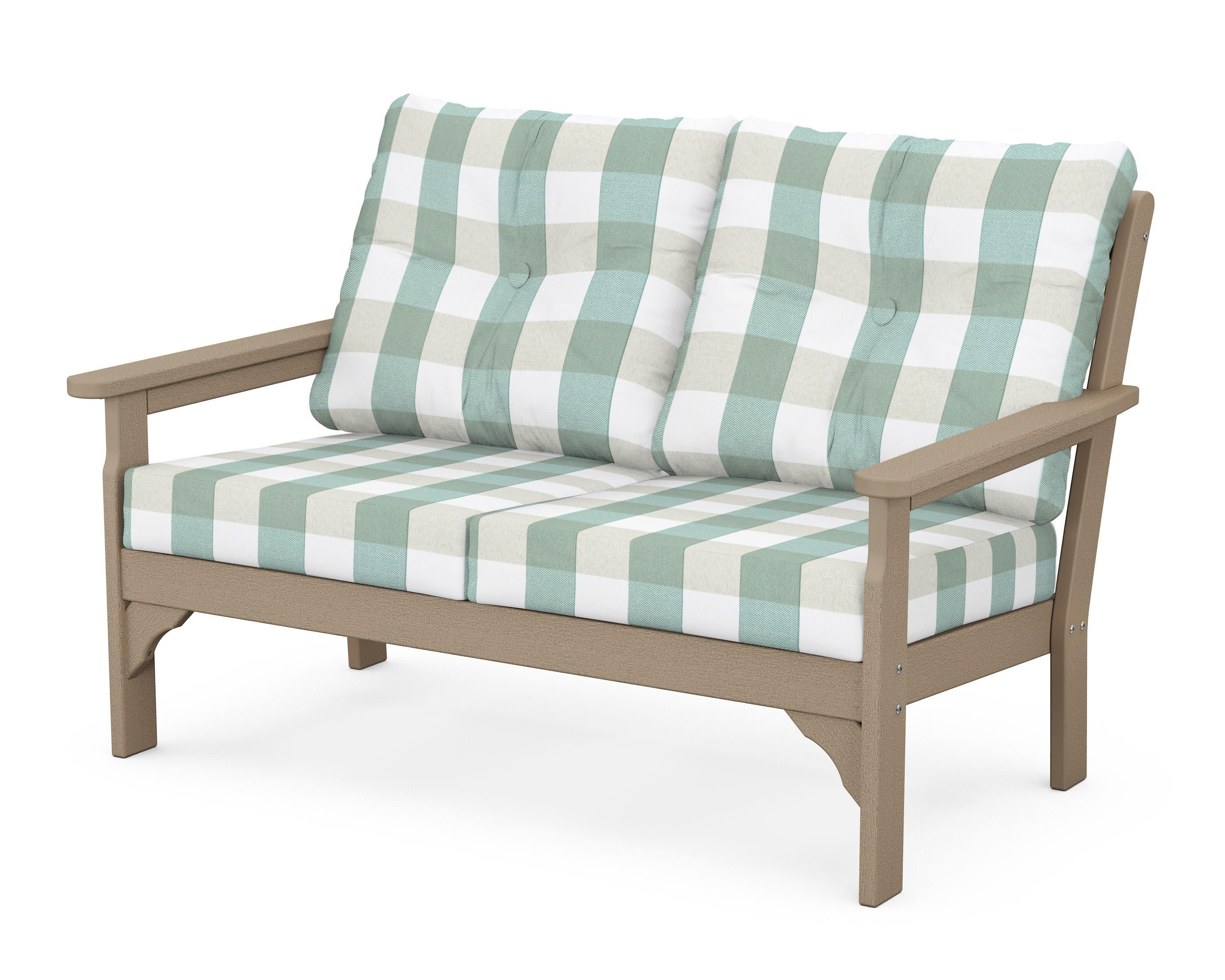 Vineyard Deep Seating Loveseat in Vintage Sahara / Buffalo Plaid Glacier Spa