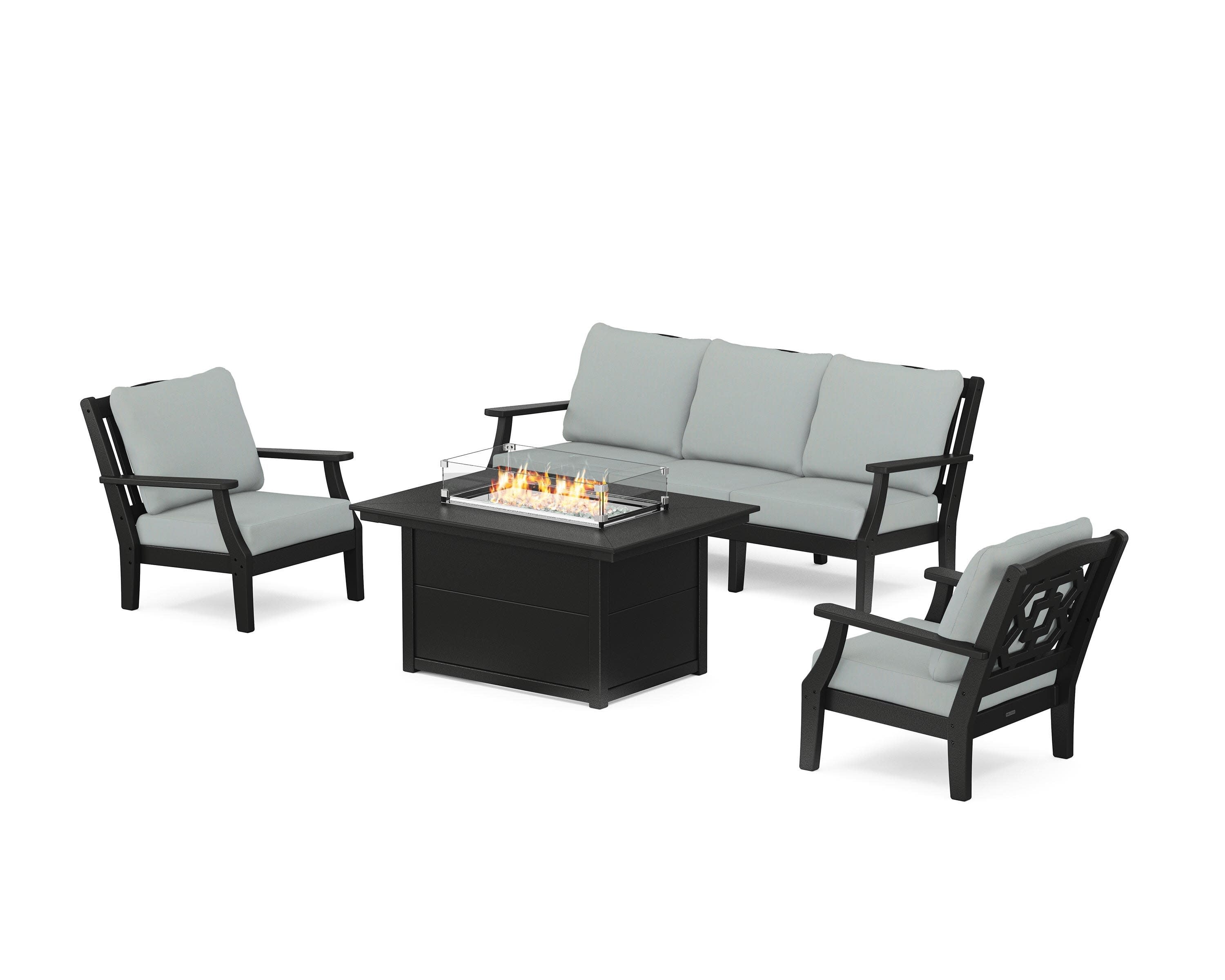 Chinoiserie Deep Seating Fire Pit Table Set in Black / Spa