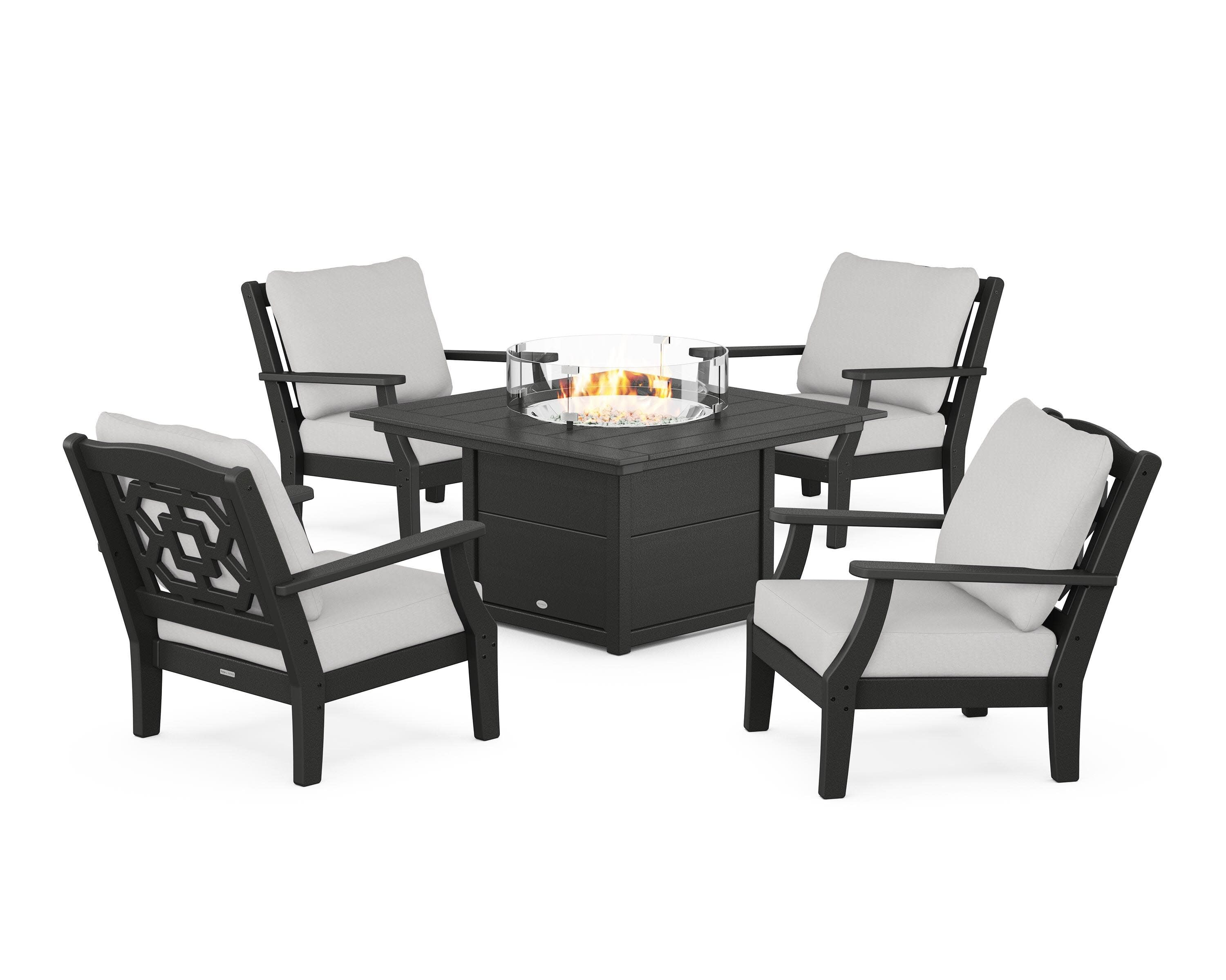 Chinoiserie 5-Piece Deep Seating Set with Fire Pit Table in Black / Diamond in the Rough