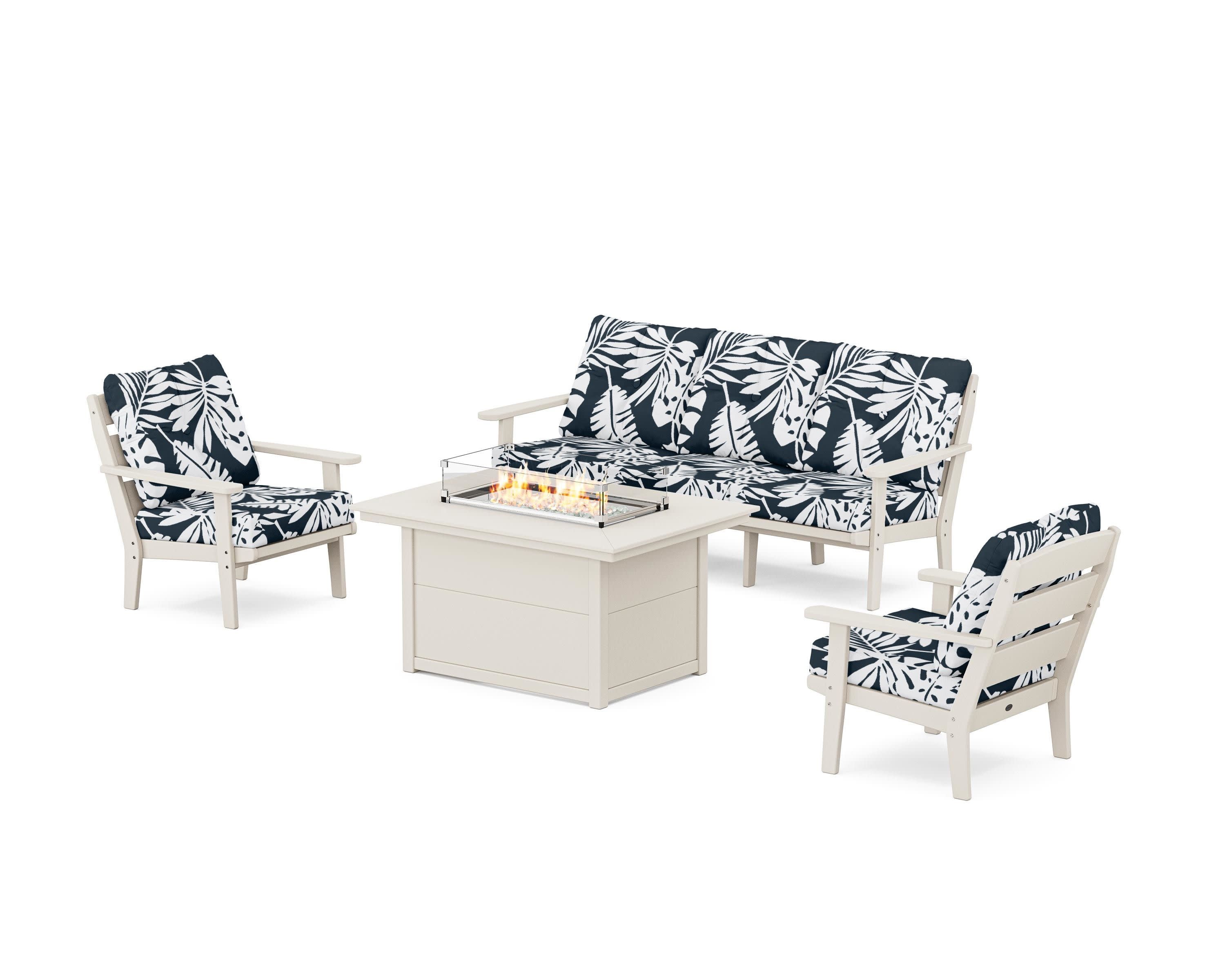 Lakeside Deep Seating Fire Pit Table Set in Sand / Leaf Marine Indigo