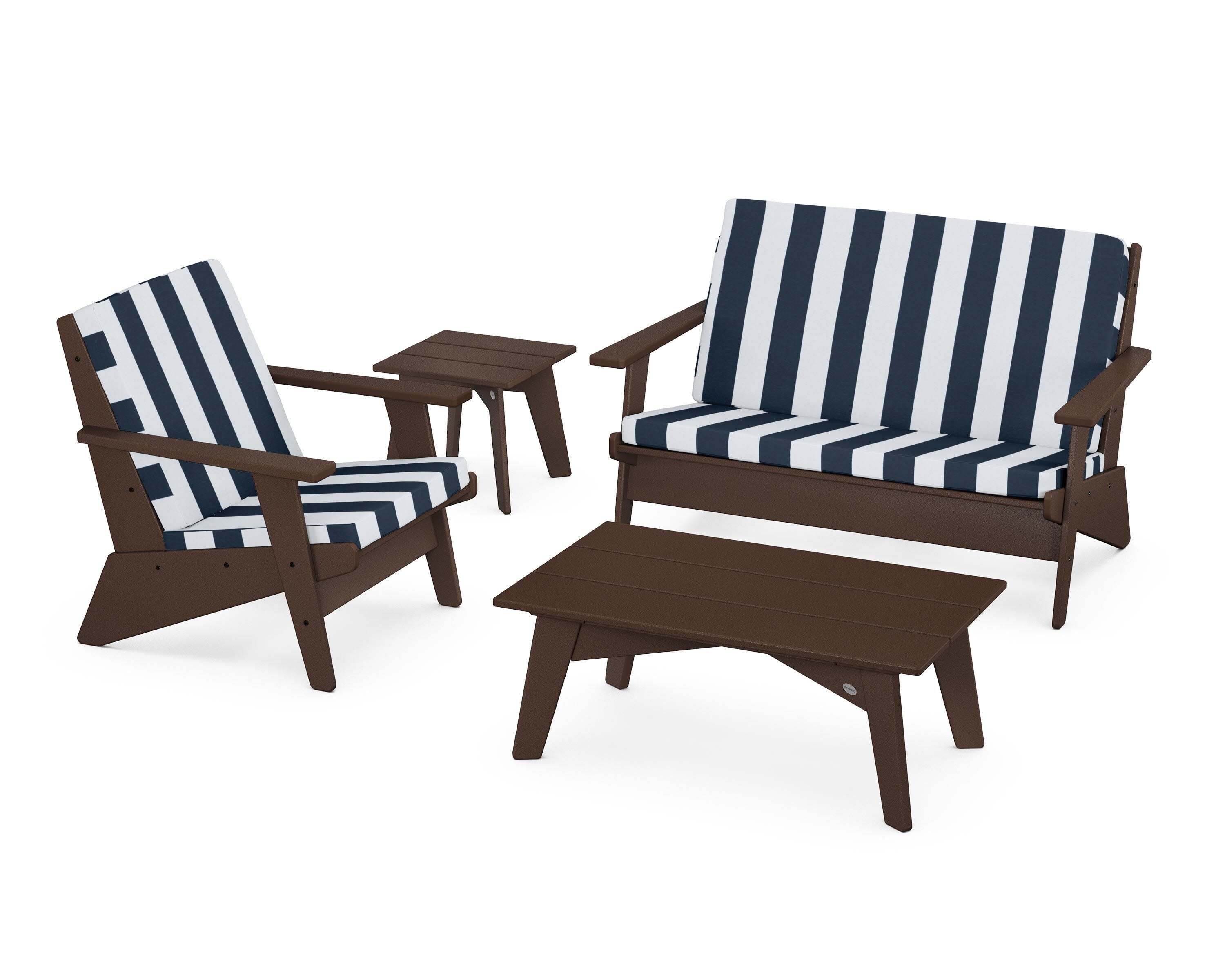 Riviera Modern Lounge 4-Piece Set in Mahogany / Cabana Stripe Marine Indigo