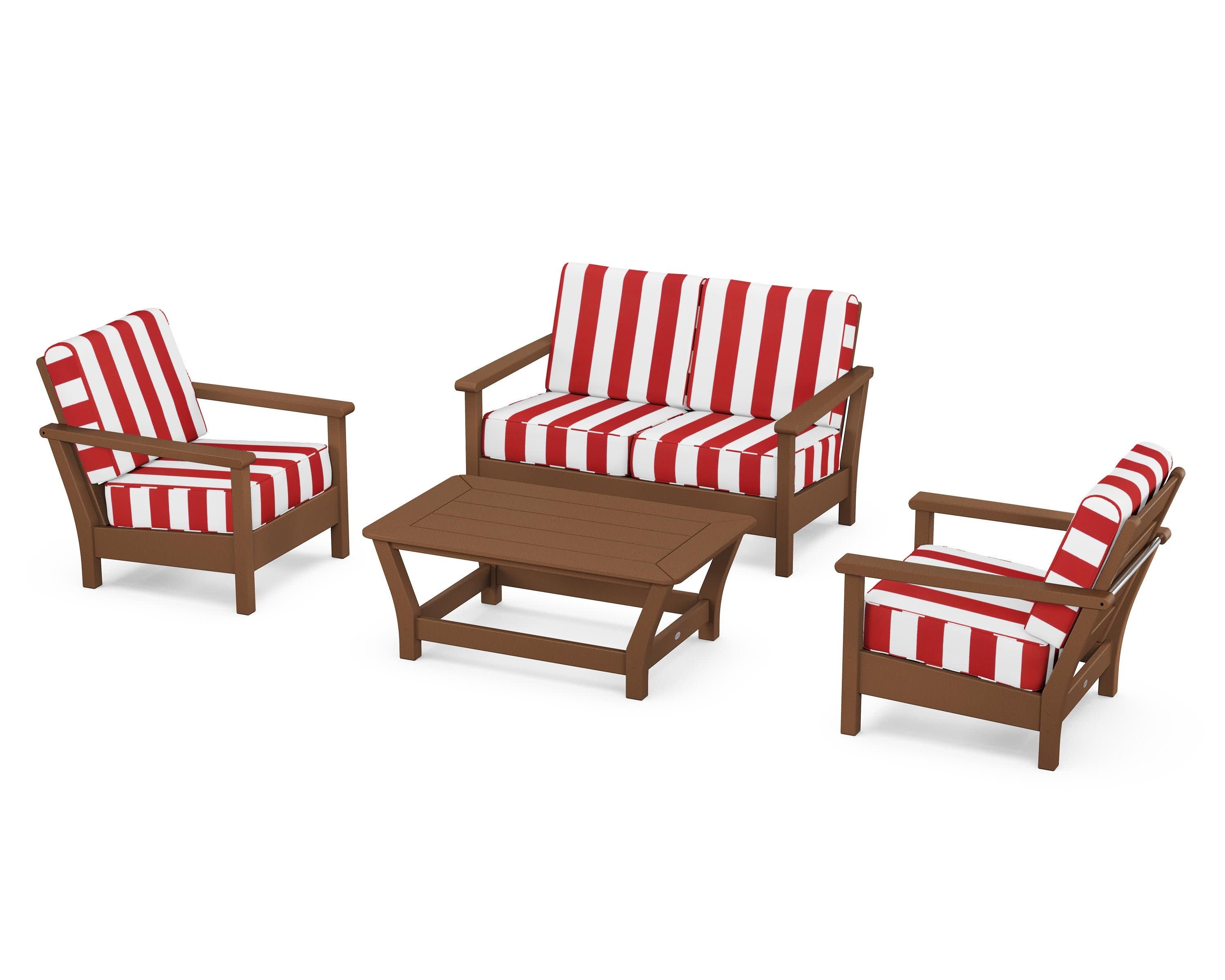Harbour 4-Piece Deep Seating Set in Teak / Cabana Stripe Crimson