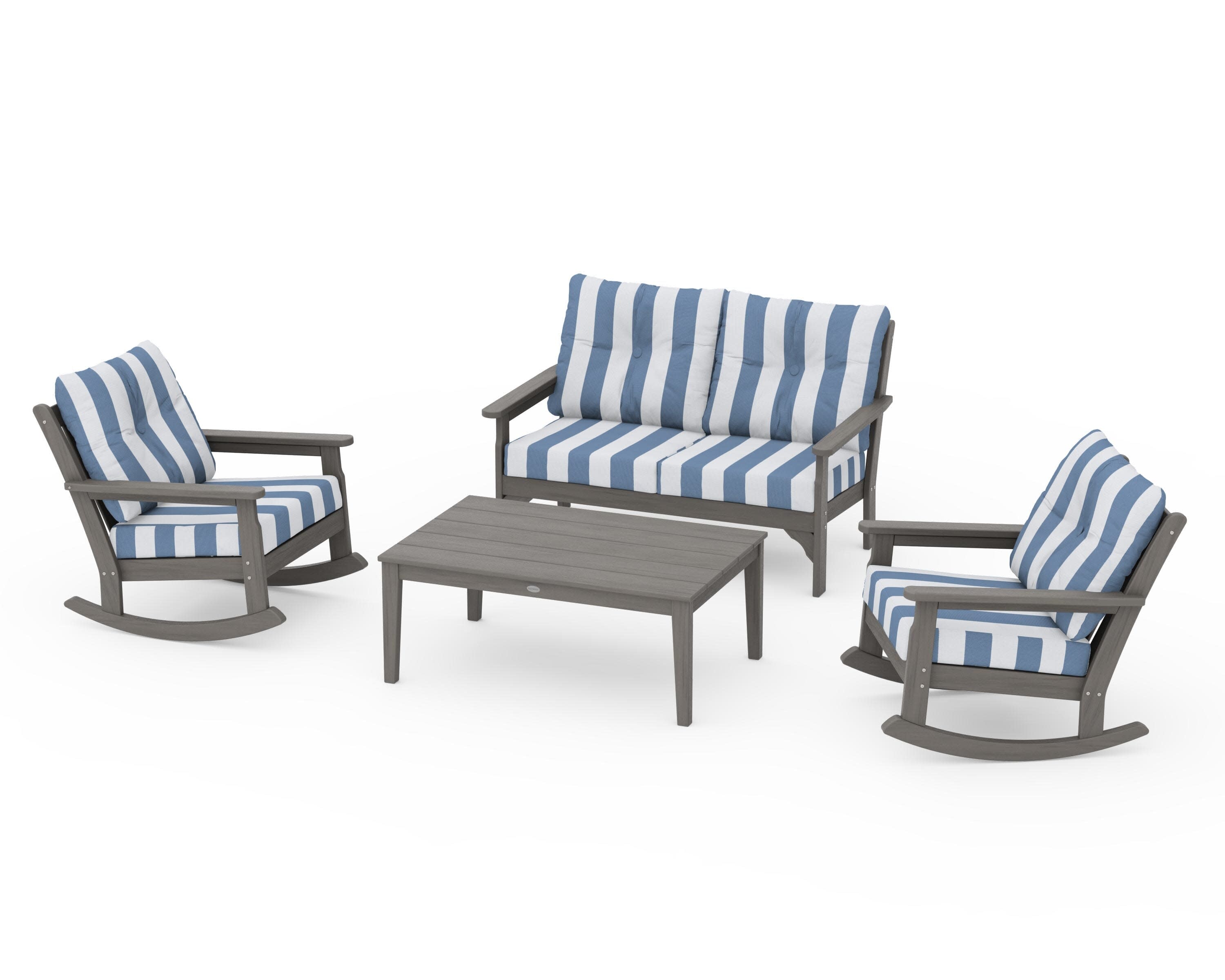 Vineyard 4-Piece Deep Seating Rocking Chair Set in Driftwood / Cabana Stripe Sky Blue
