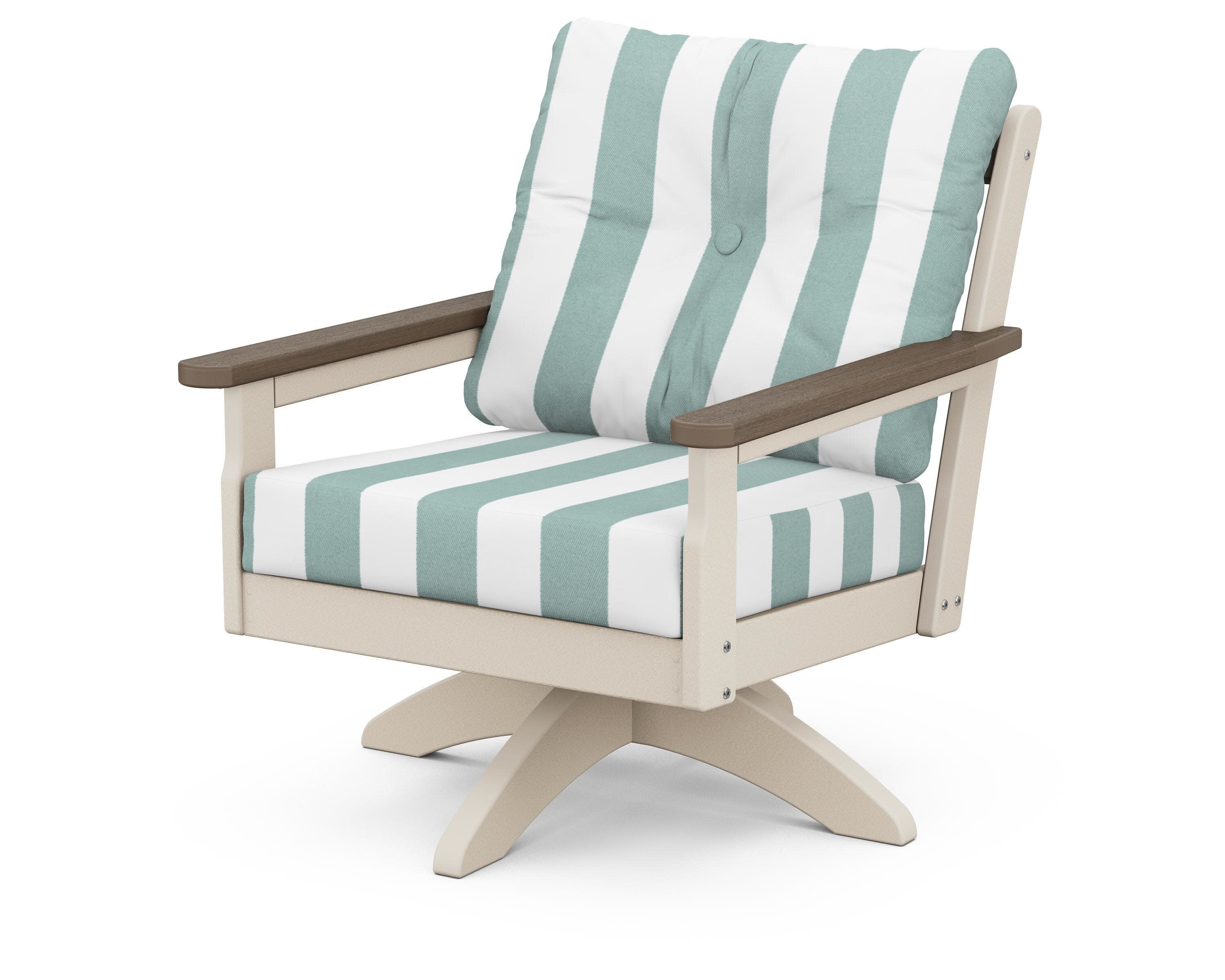 Vineyard Deep Seating Swivel Chair in Sand / Kona / Cabana Stripe Glacier Spa