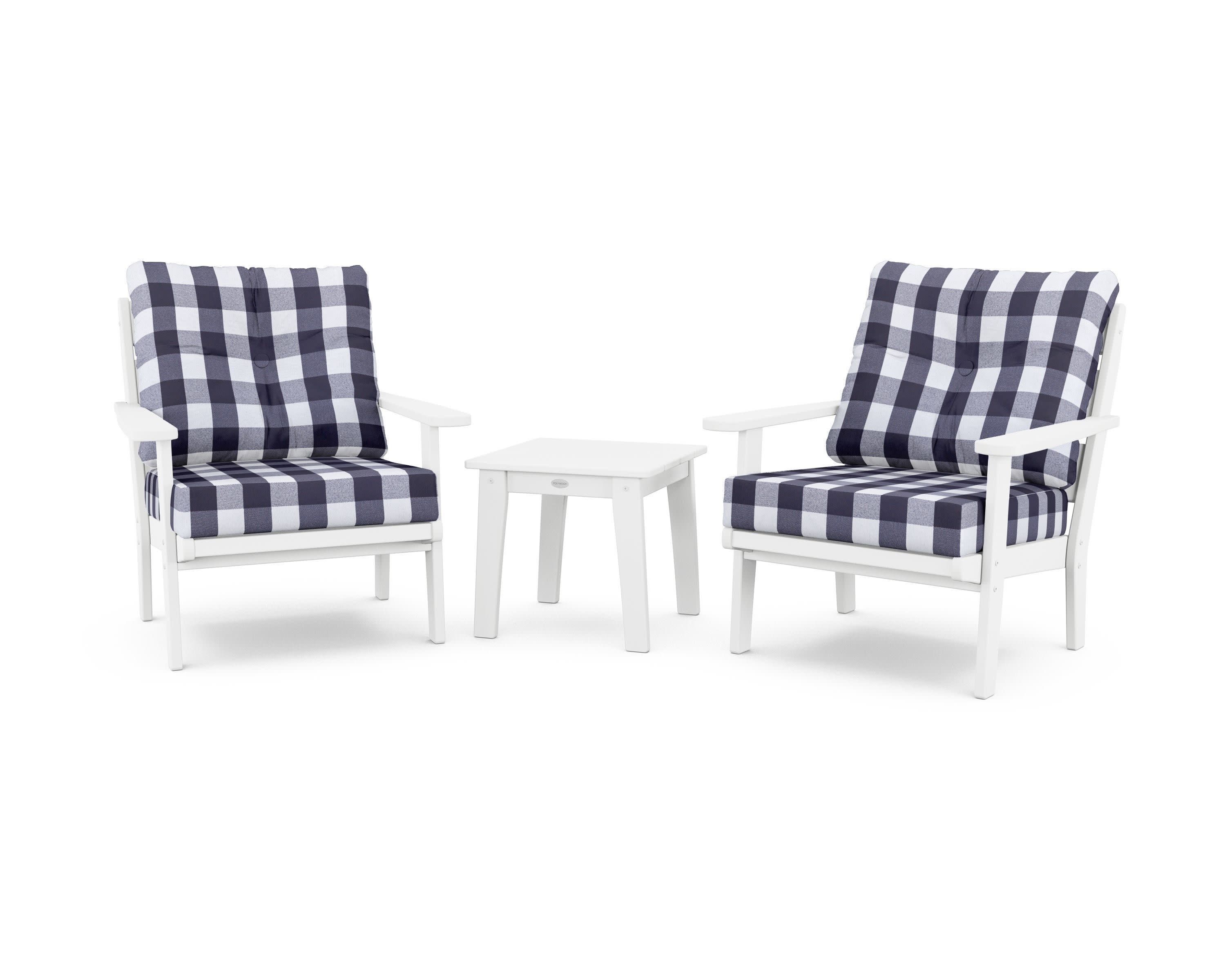 Lakeside 3-Piece Deep Seating Chair Set in White / Buffalo Plaid Navy